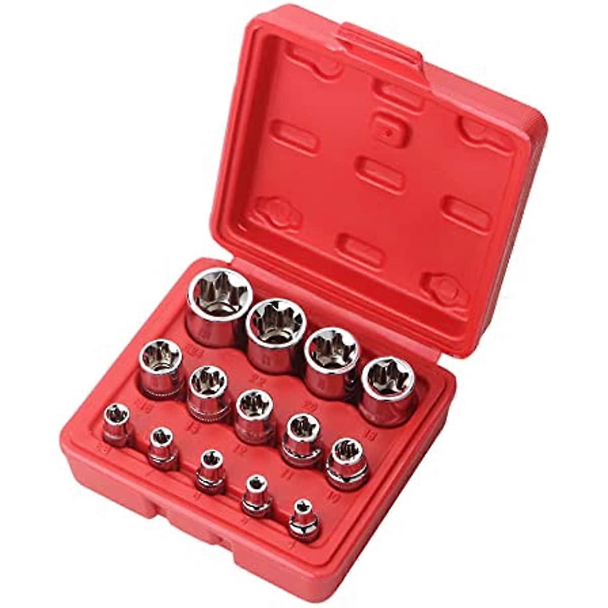 14PCS Female E-Torx Star Socket Set with Case  14  38  12 in Drive External Star Socket Set E4-E24 Torque Socket Set  JGG1102-001L