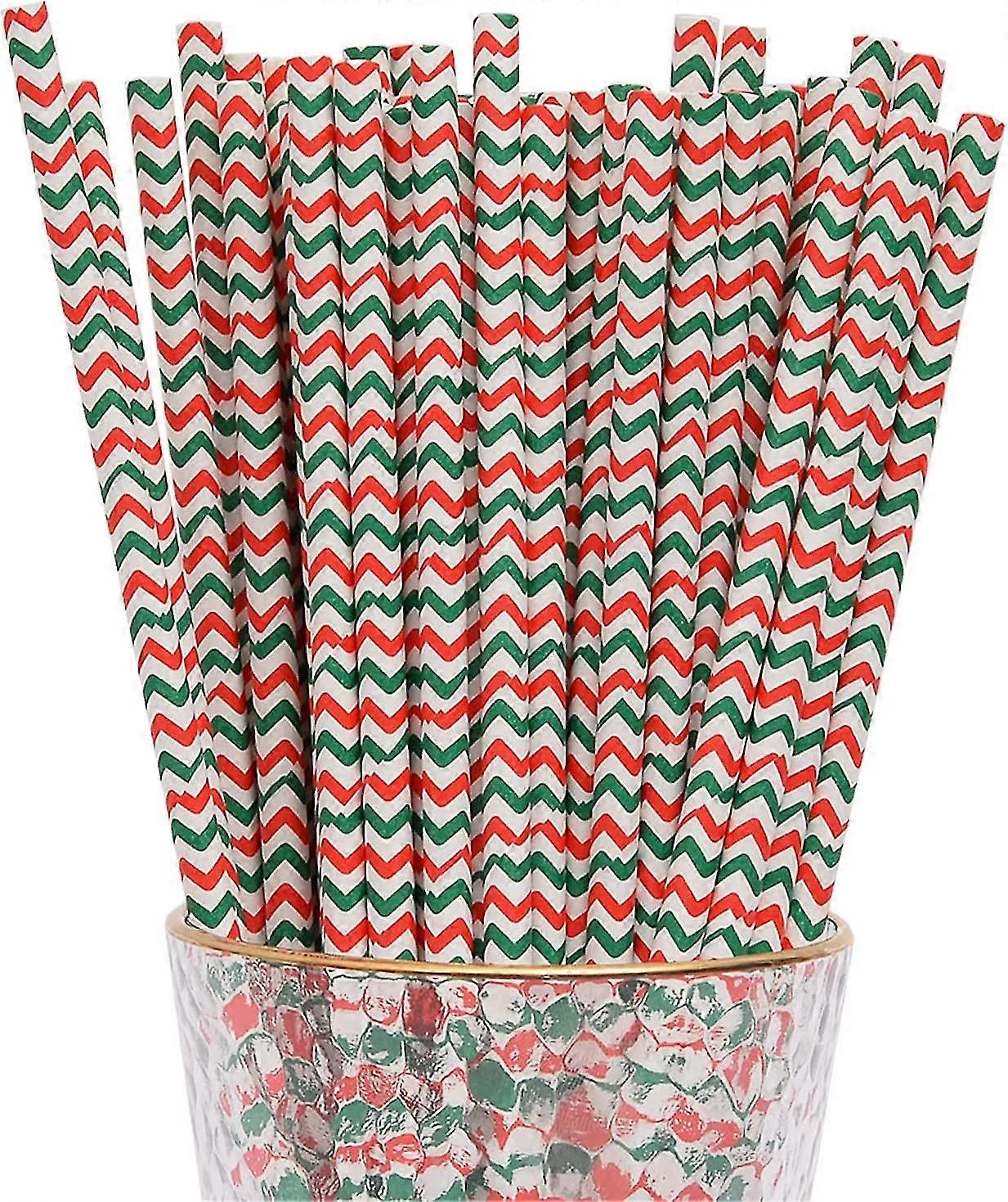 Pack 100 Disposable Wave Striped Drinking Paper Straws Red Green
