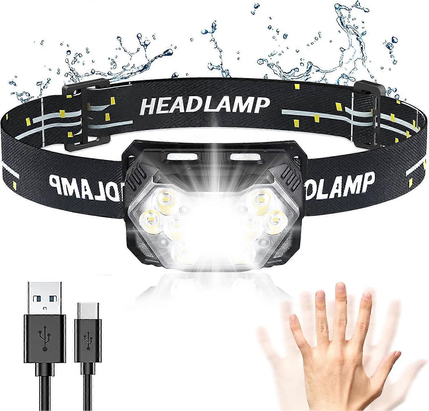 Rechargeable Led Headlamp, 2000 Lumens Front Light, 6 Lighting Modes, Waterproof Ip65, With Motion Sensor, Perfect For Camping, Running, Fishing And C