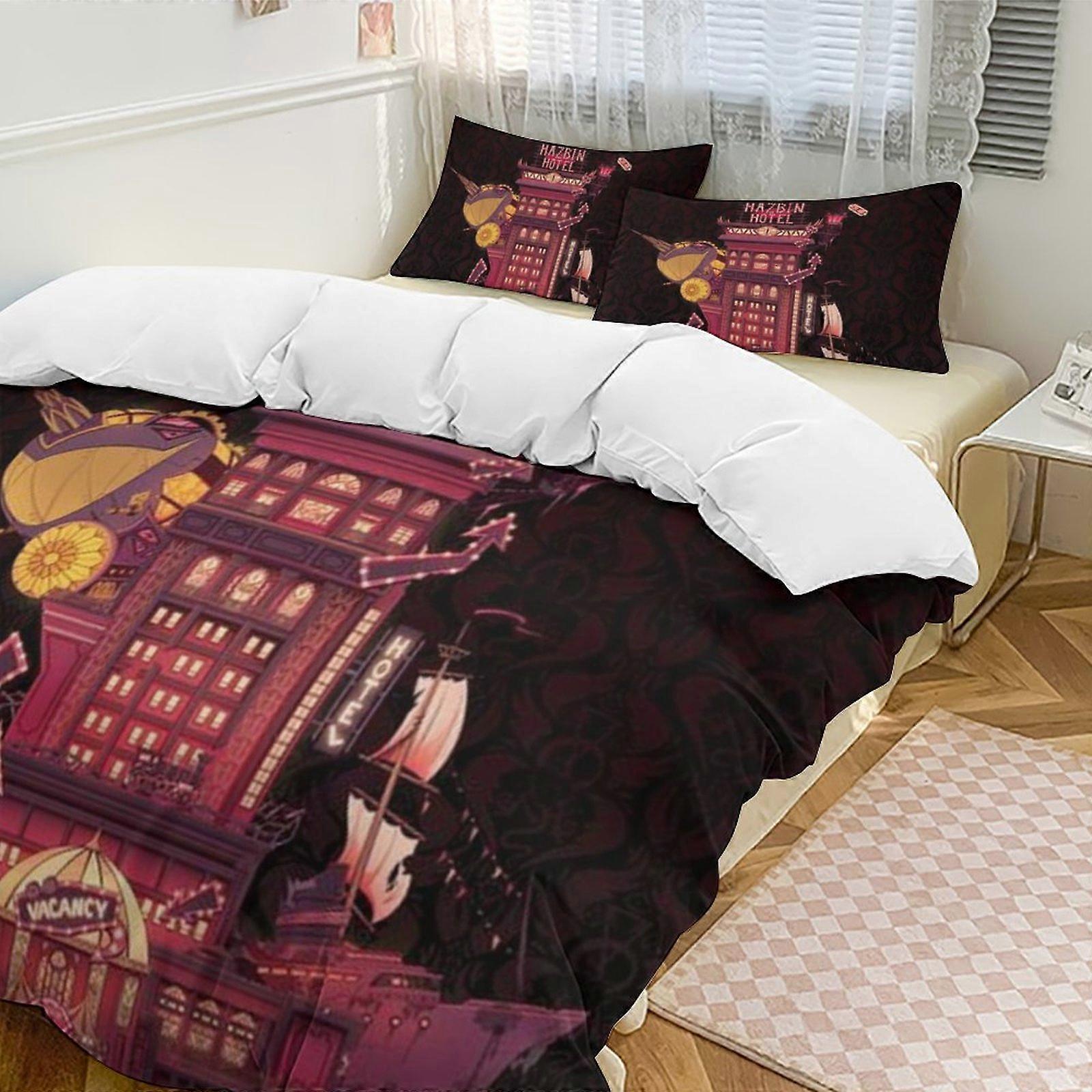 v115 Hazbin Hotel 2 Cama Capa de Edredom Conjuntos de Cama de Microfibra Conjuntos de Edredom Leve de 3 Peças, 1 Capa de Edredom e 2 Fronhas para Crianças aa115