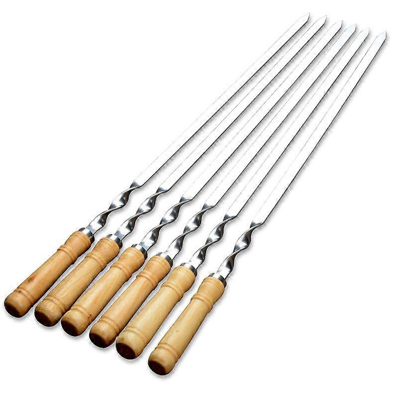 6pcs 55cm Bbq Skewers Long Handle Shish Kebab Barbecue Grill Stick Wood Bbq Fork Stainless Steel Ou