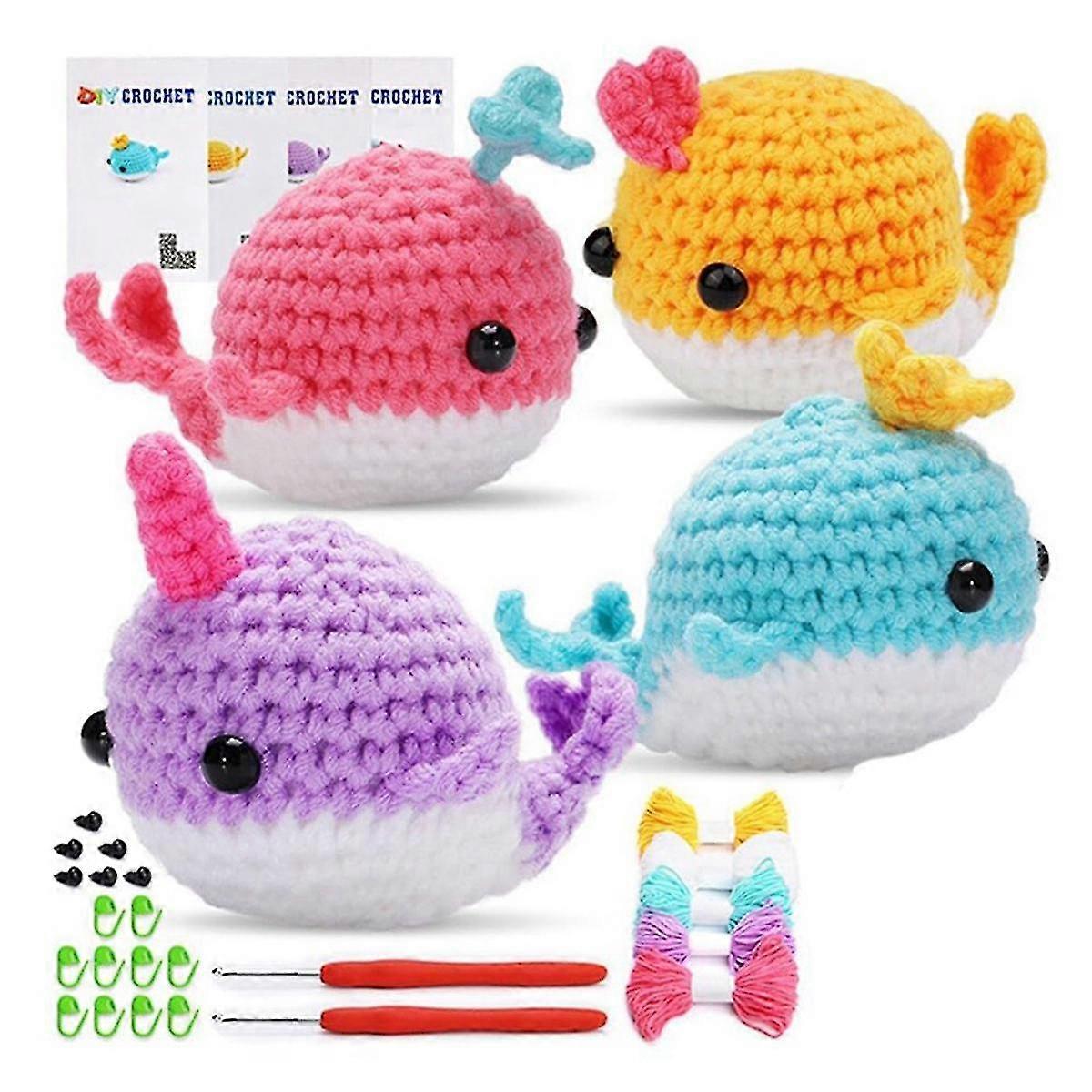 4Pcs Colorful Whale Crochet Kit,Cute Crochet Beginner Kit with Video Tutorial,Crochet Hooks, Colored Yarns, Marker
