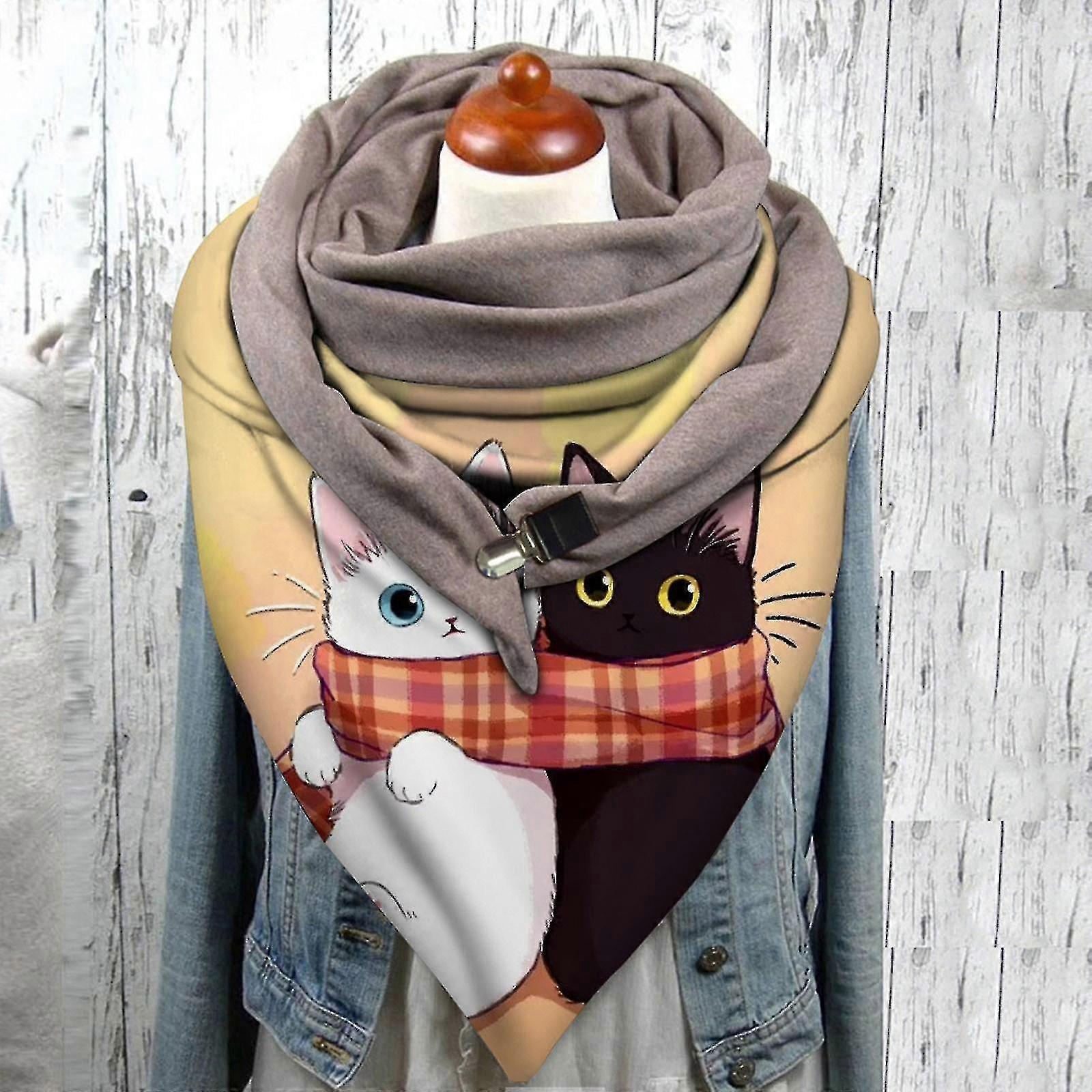 Universal Autumn Winter Warm Windproof Cat Prints Double-layer Buckle Scarf