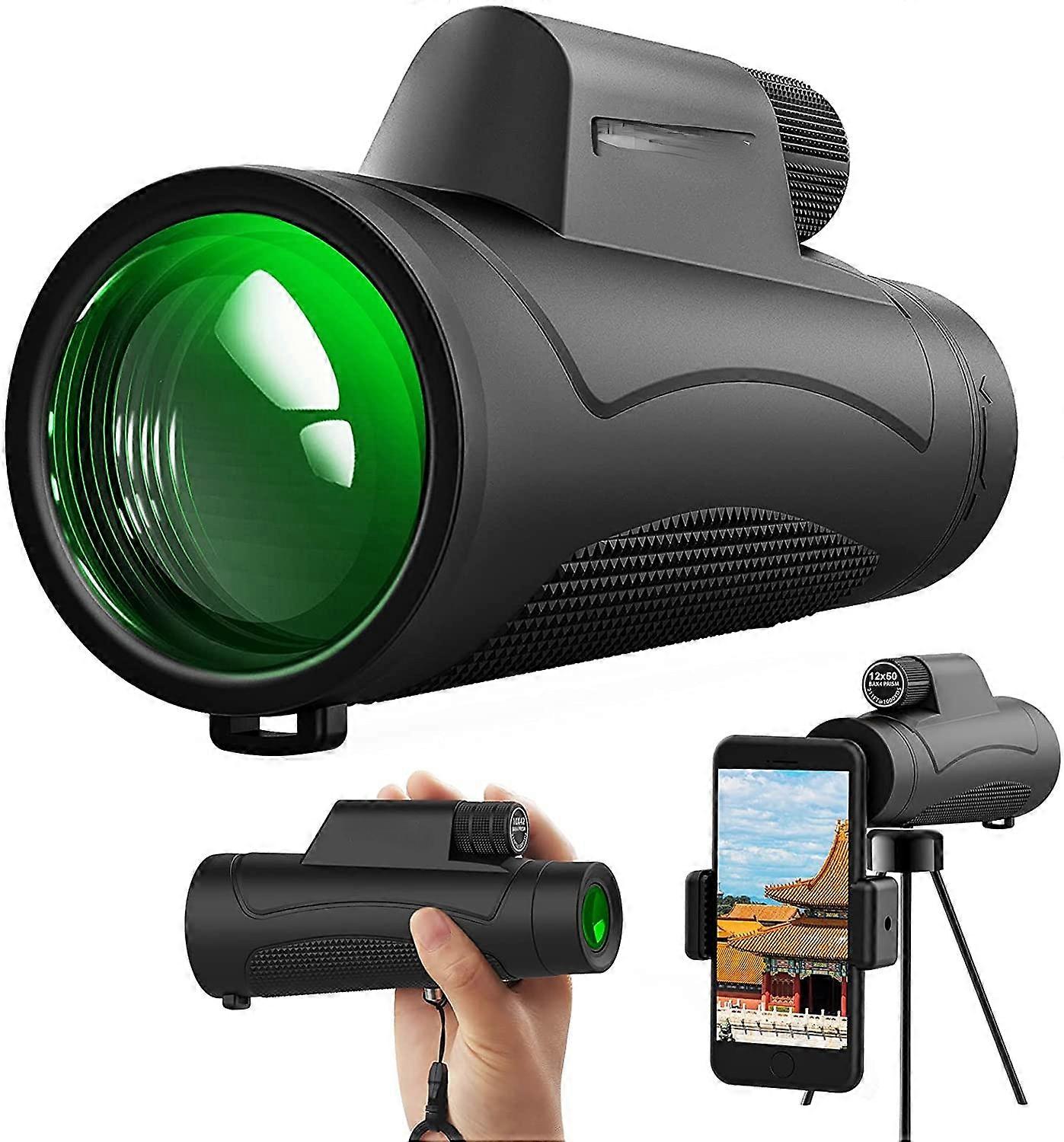 Monocular Telescope for Adults, 12x50 HD Monocular Telescope for Mobile Phone with Holder & Adapter Tripod, BAK4 Prism Waterproof Telescope Monoculars