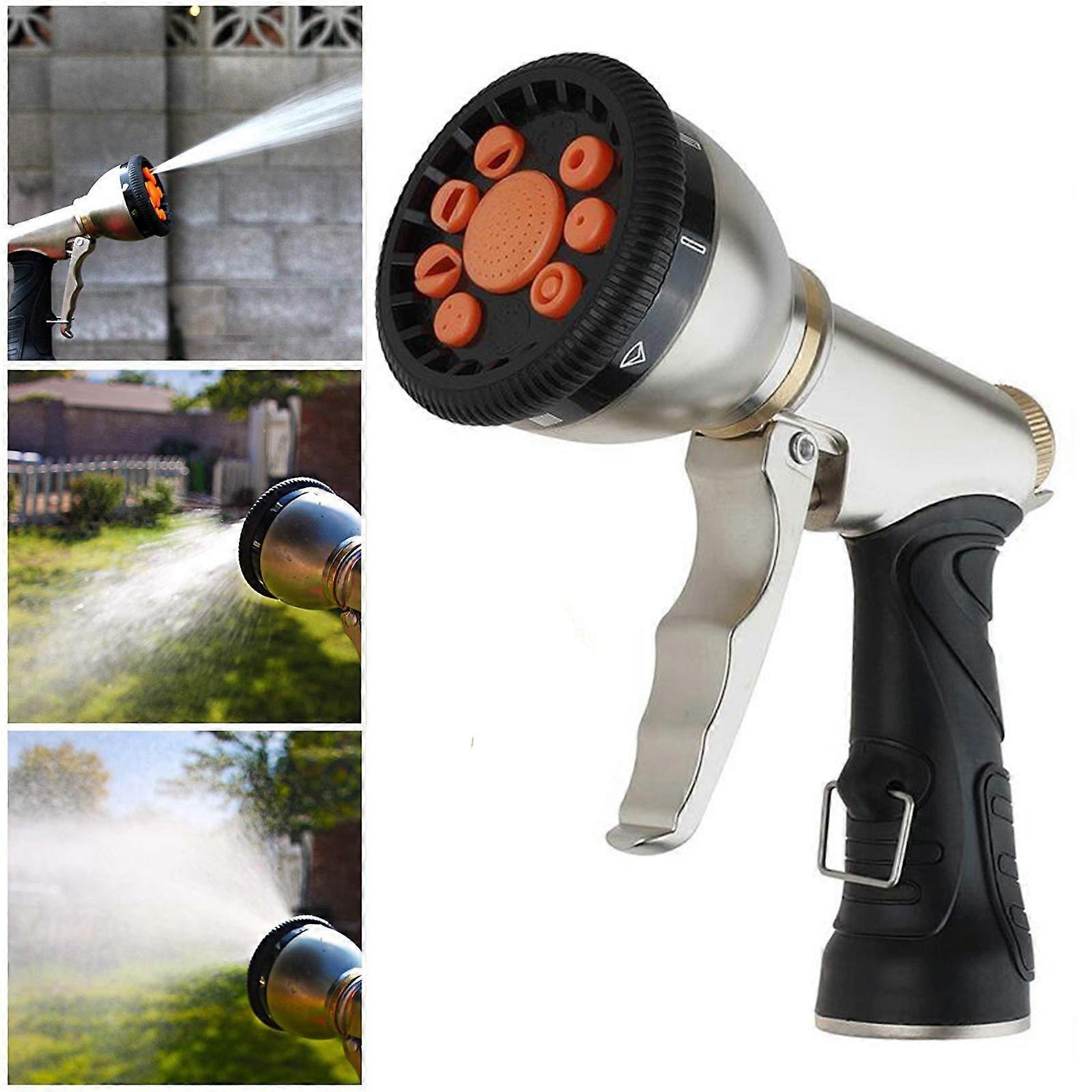 Metal Body High Pressure Garden Watering Hose Spray Nozzle 9 Adjustable Patterns, Anti-Rust Non-Slip, made of solid zinc alloy