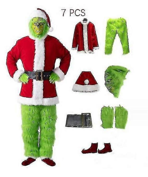 7 قطع غرينش زي عيد الميلاد تأثيري الكبار سانتا زي زي مجموعة + قناع أ