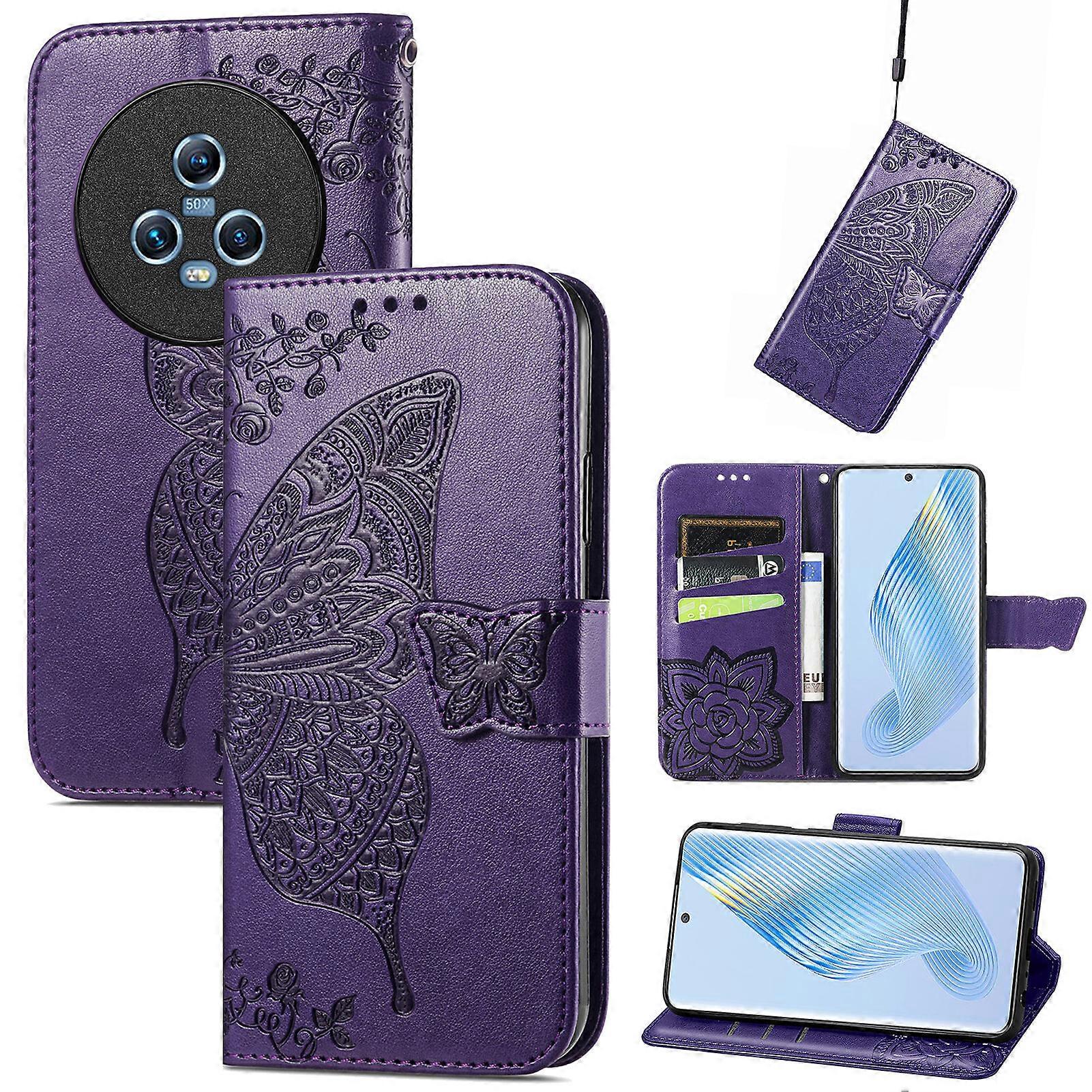 Compatible with Honor Magic5 Wallet Case Butterfly Embossed PU Leather Kickstand Card Slots Flip Folio Cover