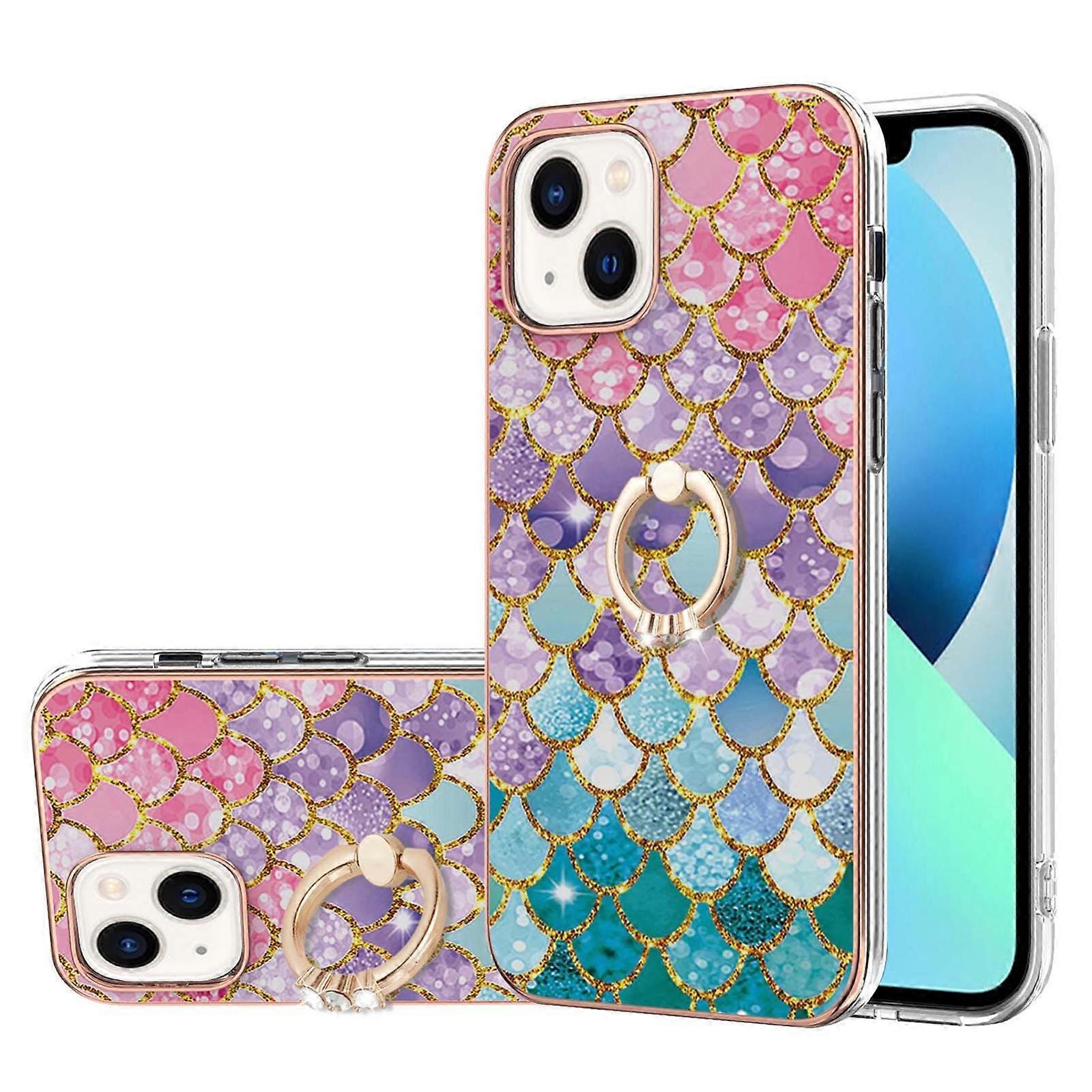 Electroplating Pattern IMD TPU Shockproof Case with Rhinestone Ring Holder For iPhone 14