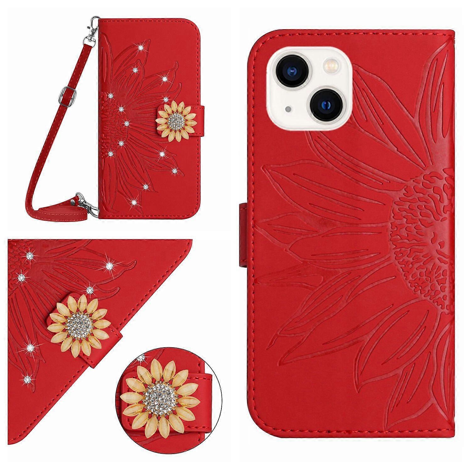 Compatible With iPhone 14 Plus Embossed Sunflower with Diamonds Magnetic Card Holder Wallet Phone Case with Shoulder Strap