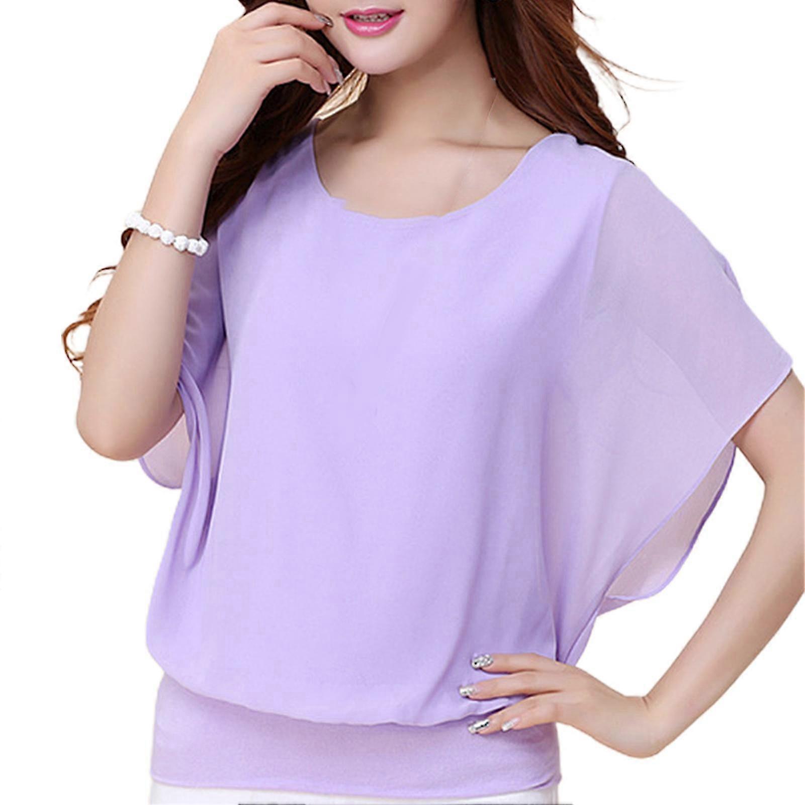 Blusas femininas de chiffon estilo morcego com mangas curtas, túnica casual com gola redonda
