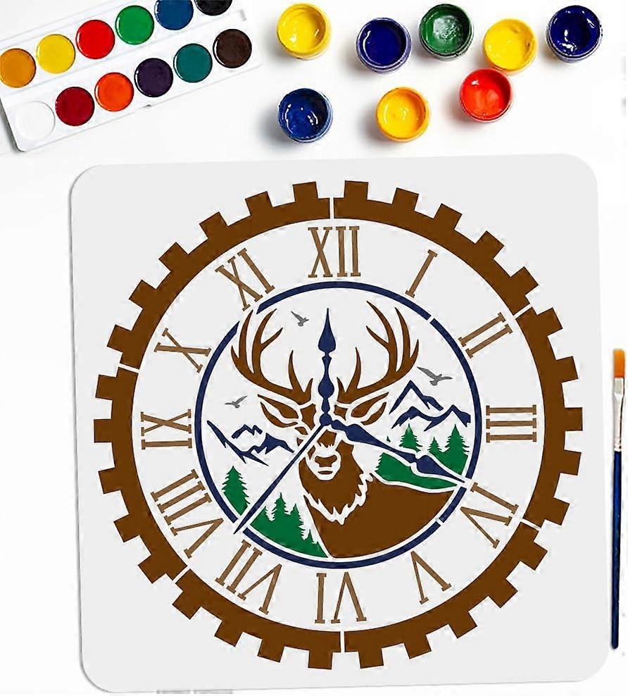 Deer Clock Stencil 11.811.8inch Large Wildlife Forest Animal Template with Paint Brush Round Nature Mountain Bird Deer Painting Stencil for Wood Canva