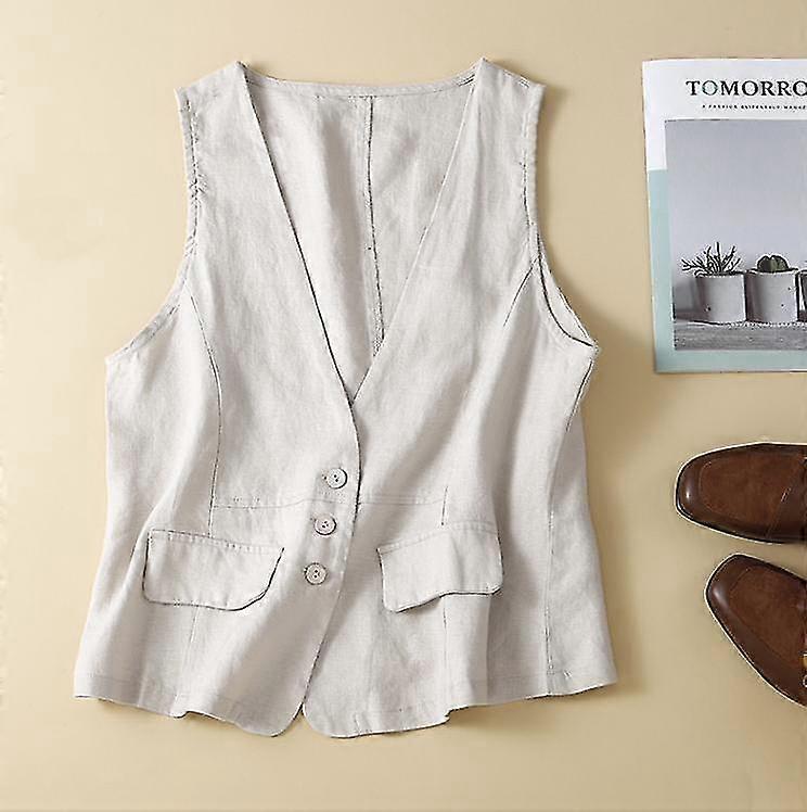 Womens Cotton Linen Vest Casual Loose V Neck Sleeveless Vests