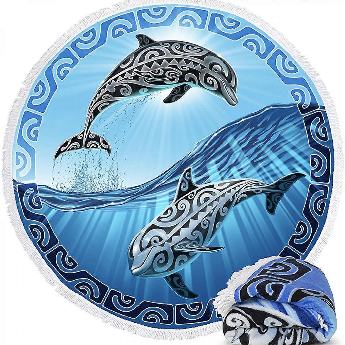 Microfiber Round Large Plush Beach Towel Blanket, 150 cm Deep with Fringe (Puppet on the Beach)