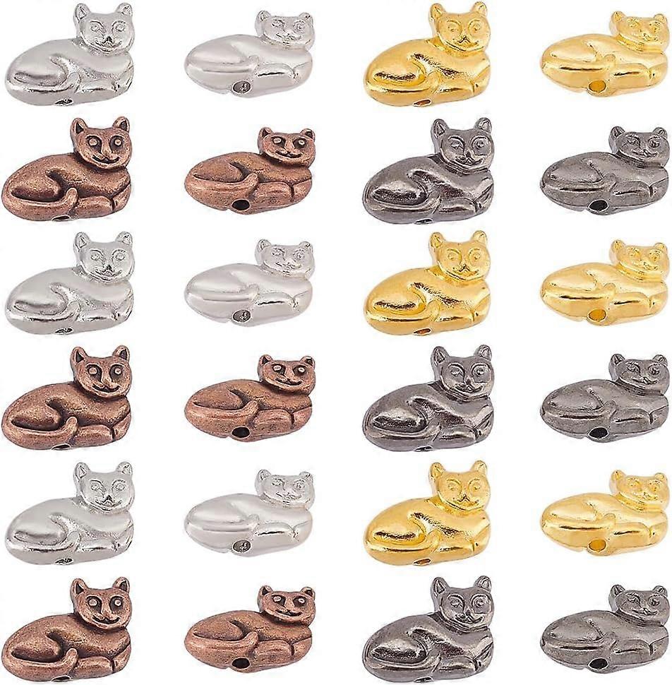 80Pcs 4 Colors Tibetan Style Alloy Kitten Beads 3D Cat Mixed Color 11x14x4.5mm Hole: 1mm 20pcs/color