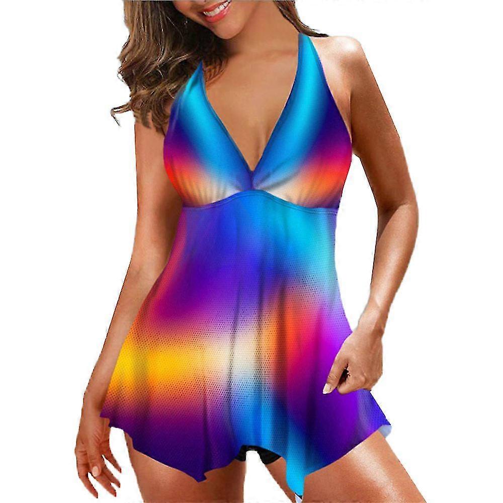 Plus Size Kvinnor Tryckta Vadderade Badkläder V-ringad Badklänning Trosor Set Baddräkt