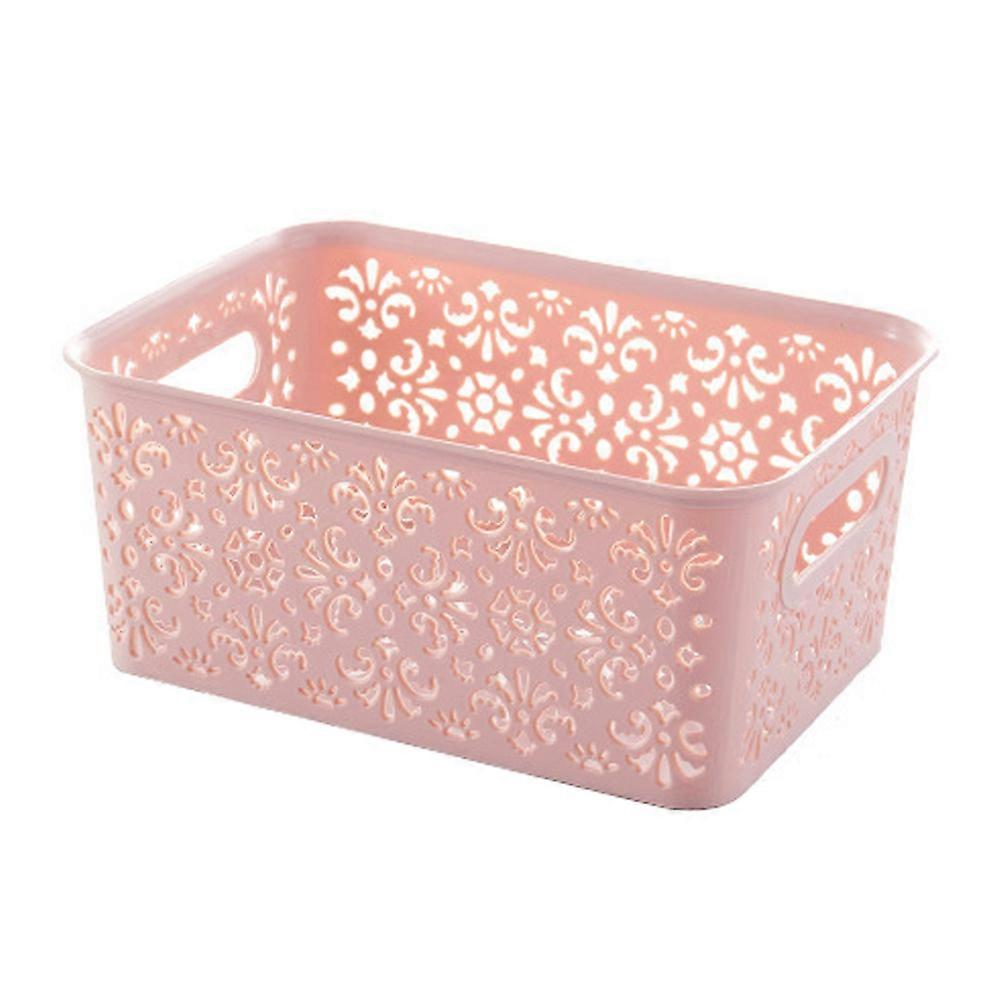 Stackable Plastic Storage Box Hollow Out Delicate Retro Pattern Storage Basket with Lid for Clothes Cosmetics Papers Toys - Small Size(Pink)