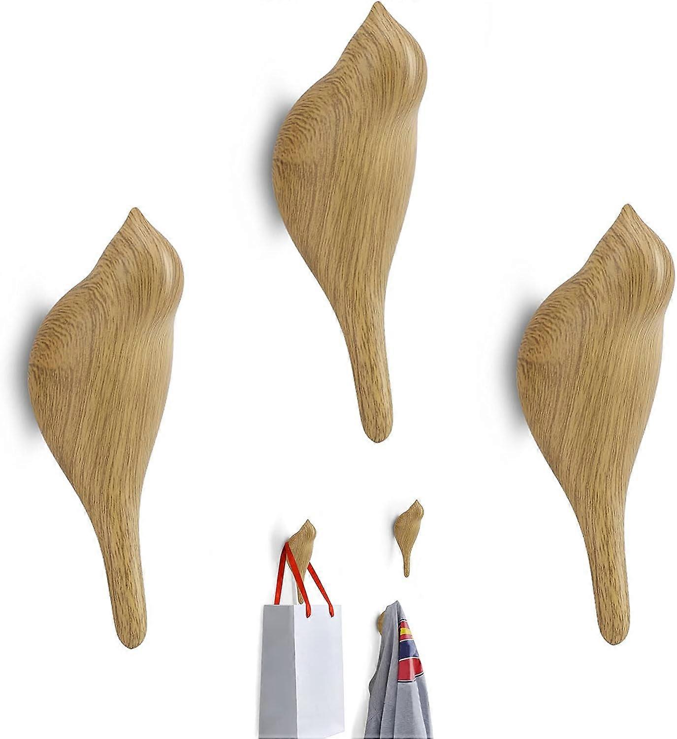 Resin Bird Wall Hook - Multifunctional Wood Design - Set of 3 Hooks for Coats Towels Hats Bags