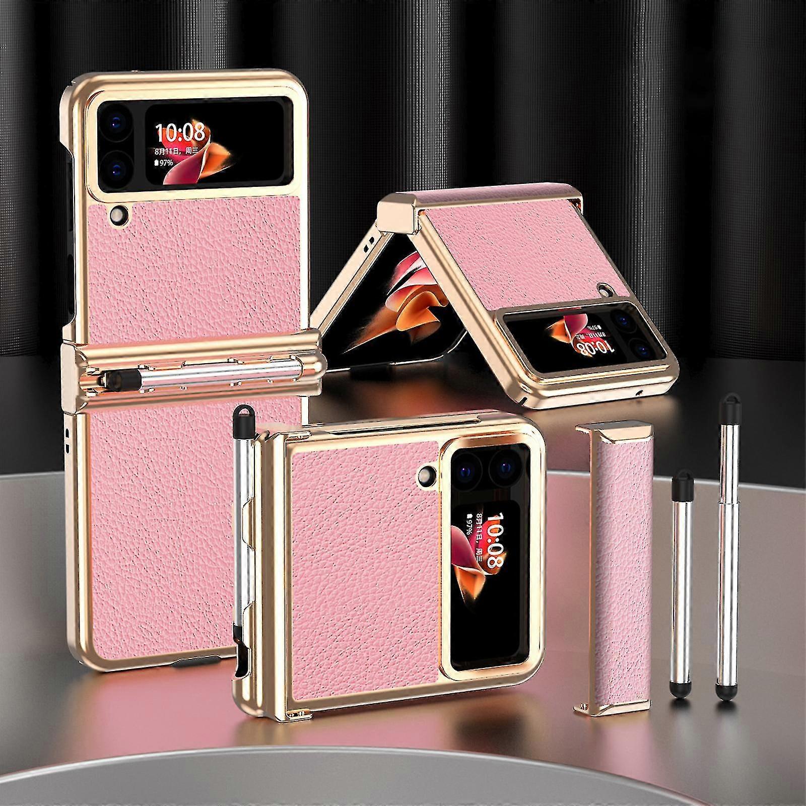 Plating Case Compatible With Samsung Galaxy Z Flip 4, Hard Pc+plain Leather Shockproof Cover With Hinge & Pen