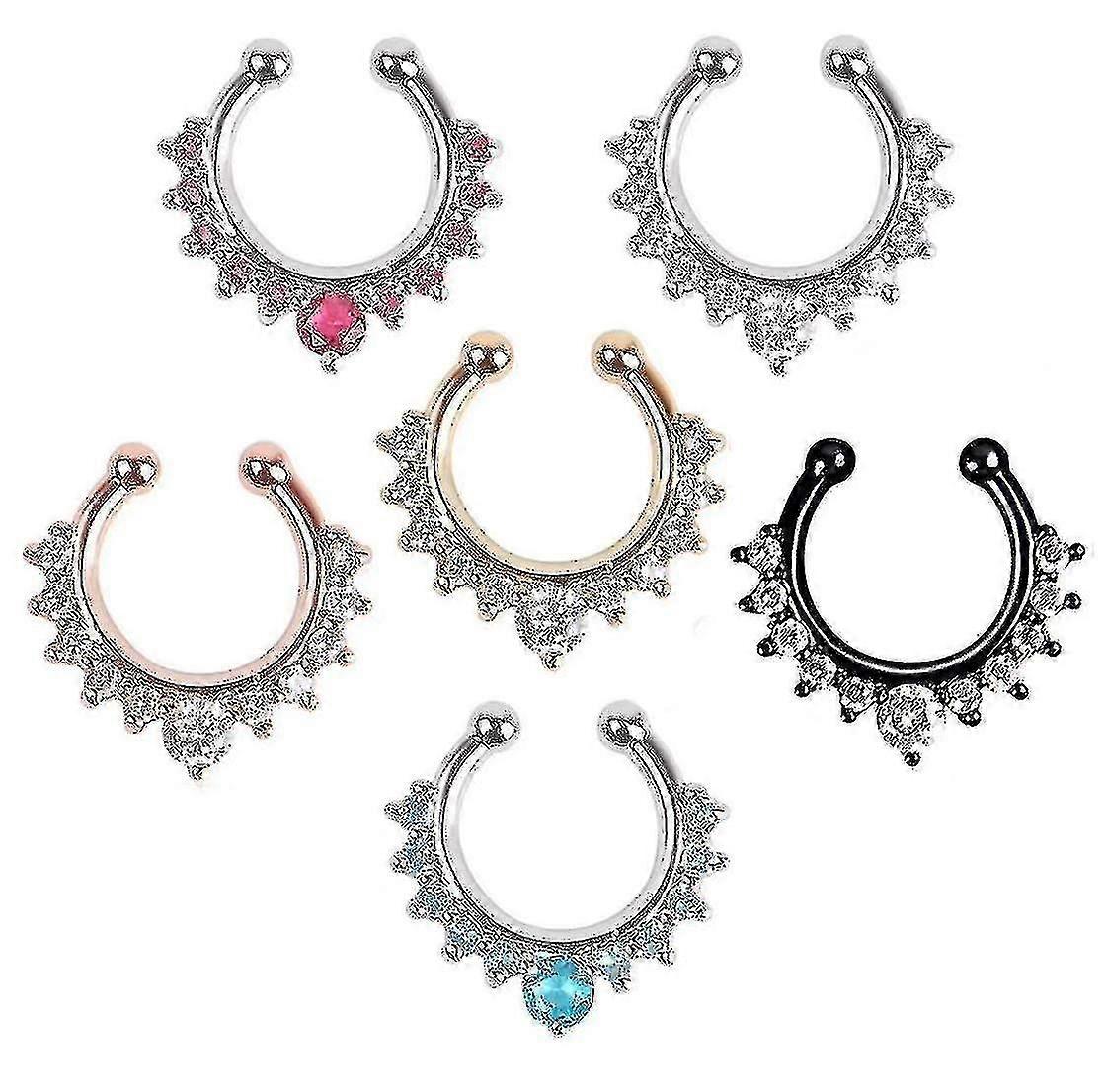 6pcs Colorful Nose Rings Fake Septum Clicker Nose Ring Rhinestone Non Piercing Hanger Clip Set XXF