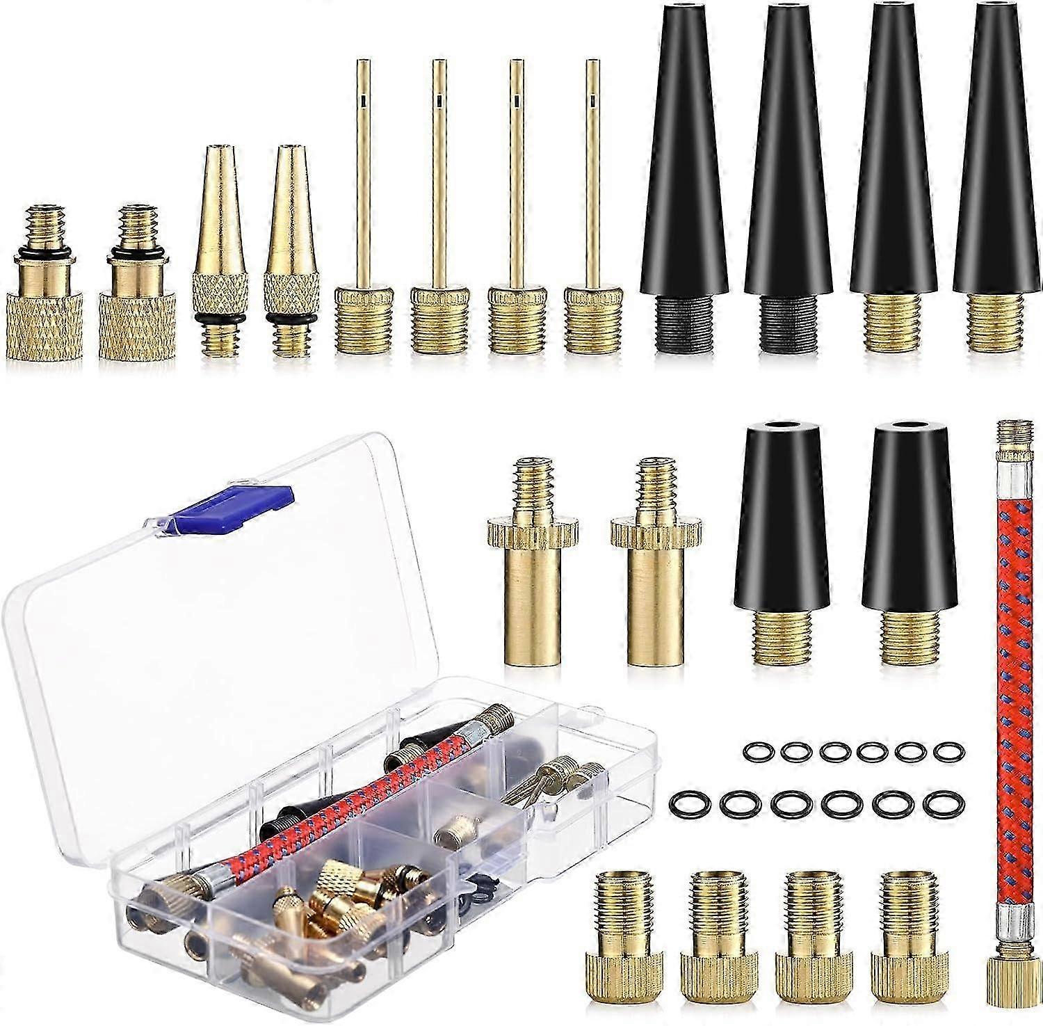 Bicycle Pump Nozzle,33 Pieces Balloon Inflator Nozzle,DV SV AV Bicycle Pump Adapter with Storage Box,Valve Adapter with Inflator Hose,for Bicycle P202