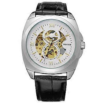 Winner Men's Hollow Automatic Mechanical Watch: Stylish White Silver Design with Calendar Function
