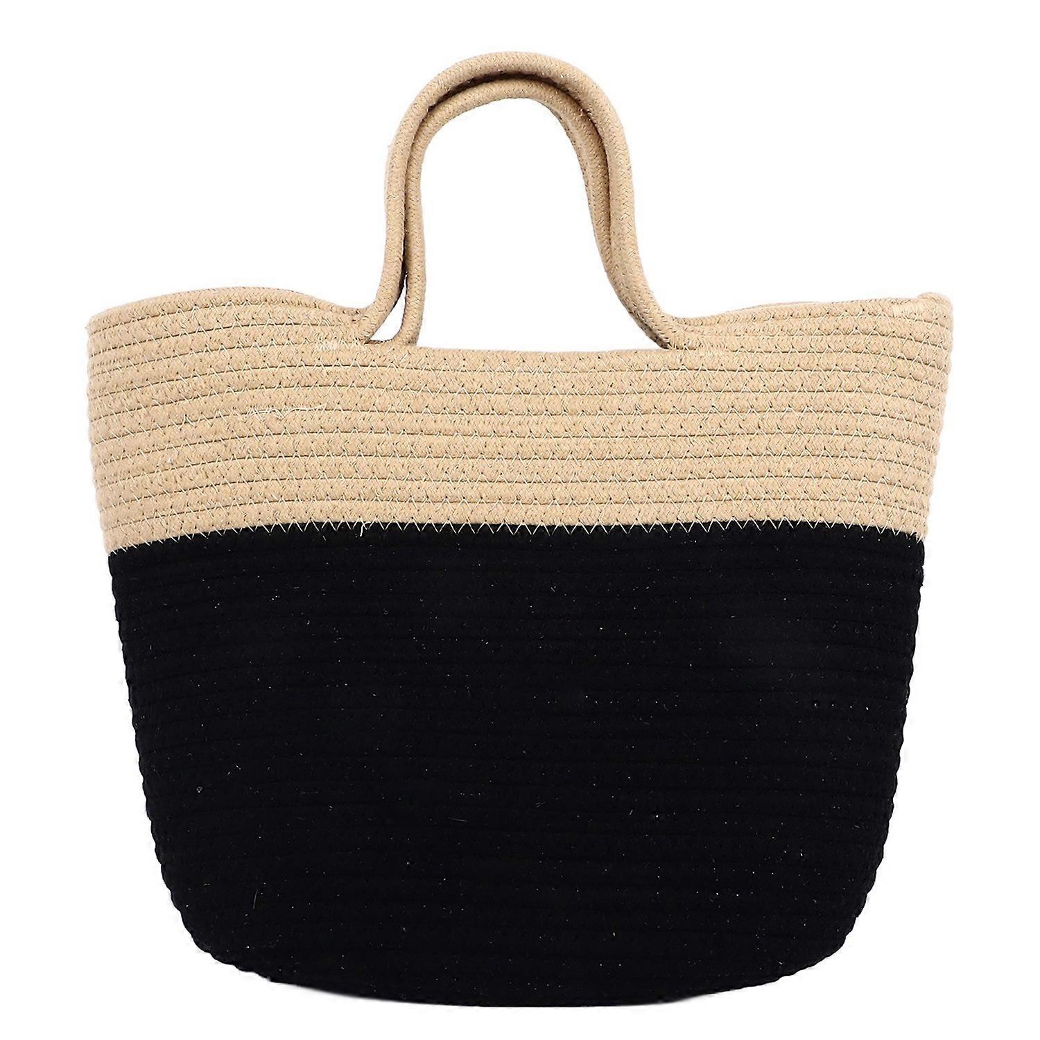 Handwoven Bag Plaited Straw Stylish Contrast Color Soft Handle Large Capacity Straw Bag for Beach Sh