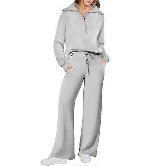2 Pcs/Set Fall Winter Coat Trouser Suit Lapel Thick Loose Solid Color Zipper Decor Long Sleeve Wide Leg Drawstring Elastic Waist Lady Tracksuit Set