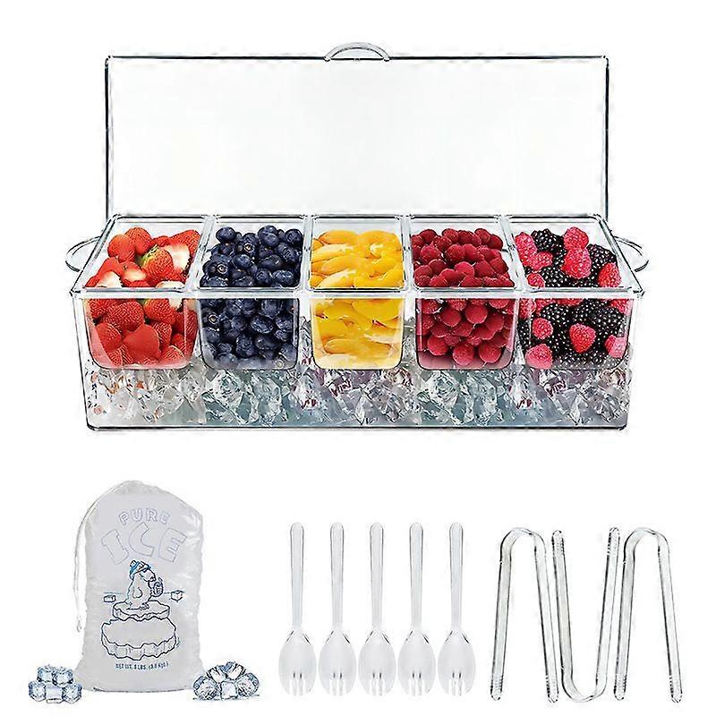 Server per condimenti refrigerati, vassoio per guarnizioni trasparente con coperchio compatibile con feste compatibili con bar con 5 scomparti rimovibili