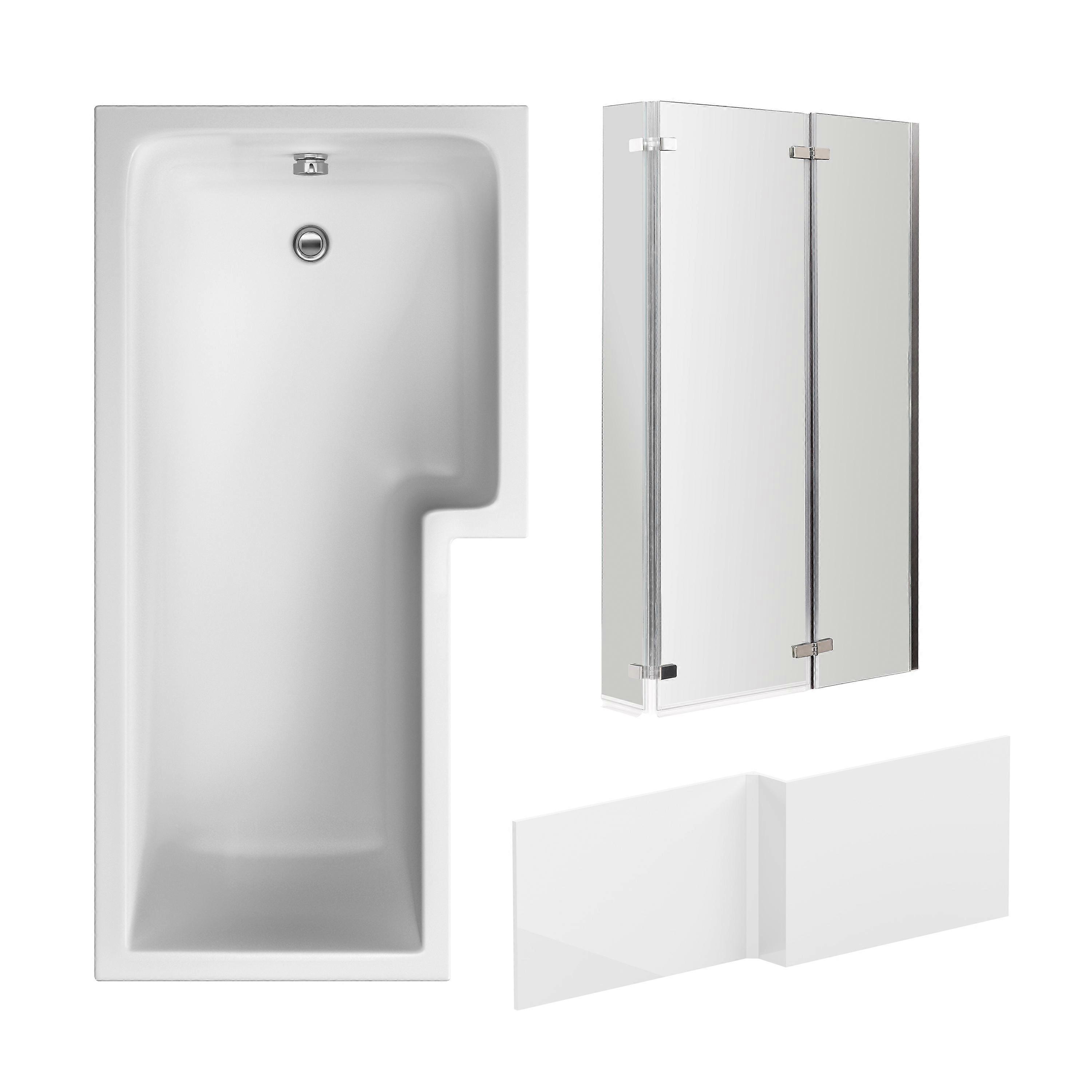 L Shape 1700x850 Shower Bath Set - Front Panel & Chrome 3 Panel Center Hinge Screen, Right Hand