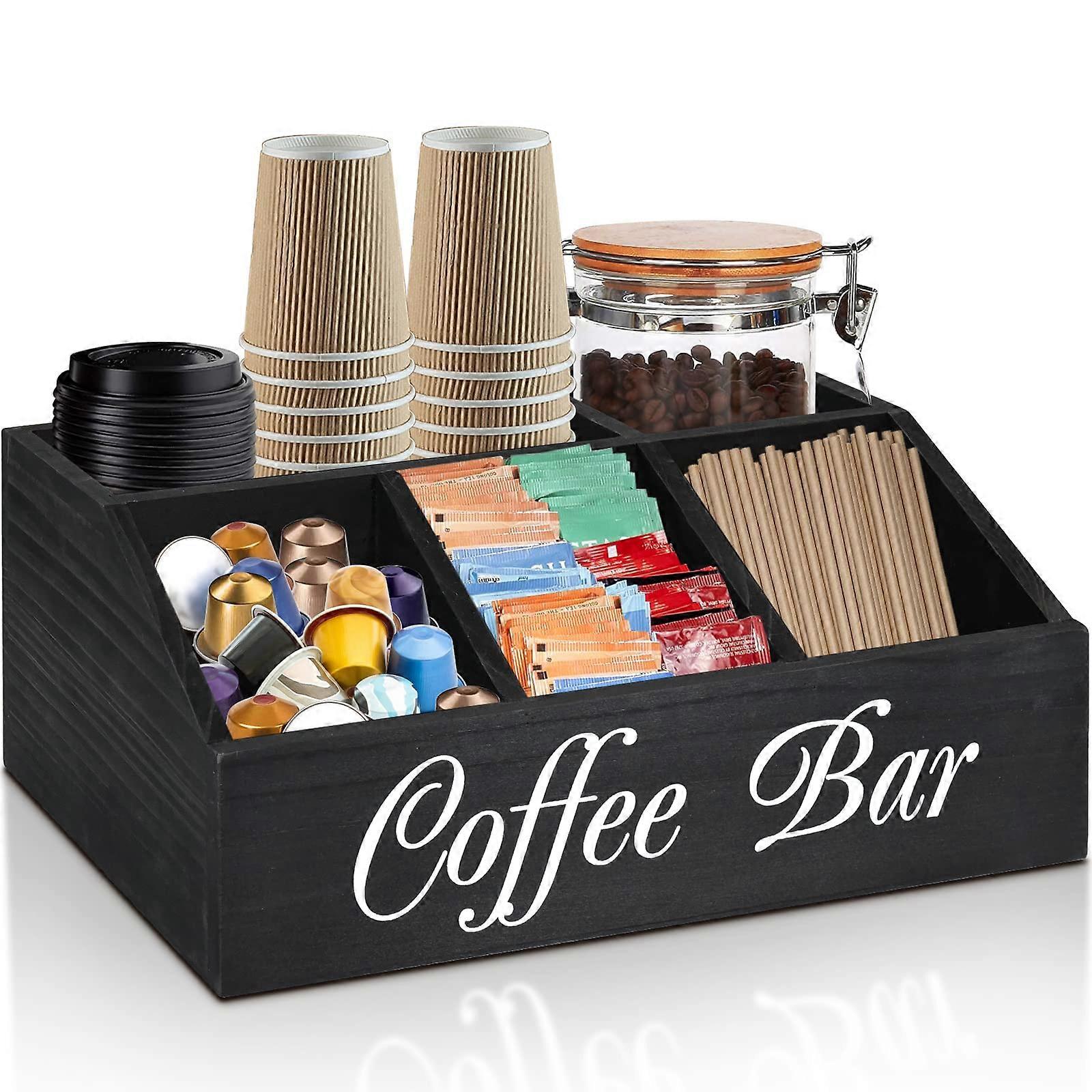 Coffee Station Organizer for Counter and Coffee Bar, Wooden 2-Tier Storage Rack, Holds Pods and Mugs, Rustic Style