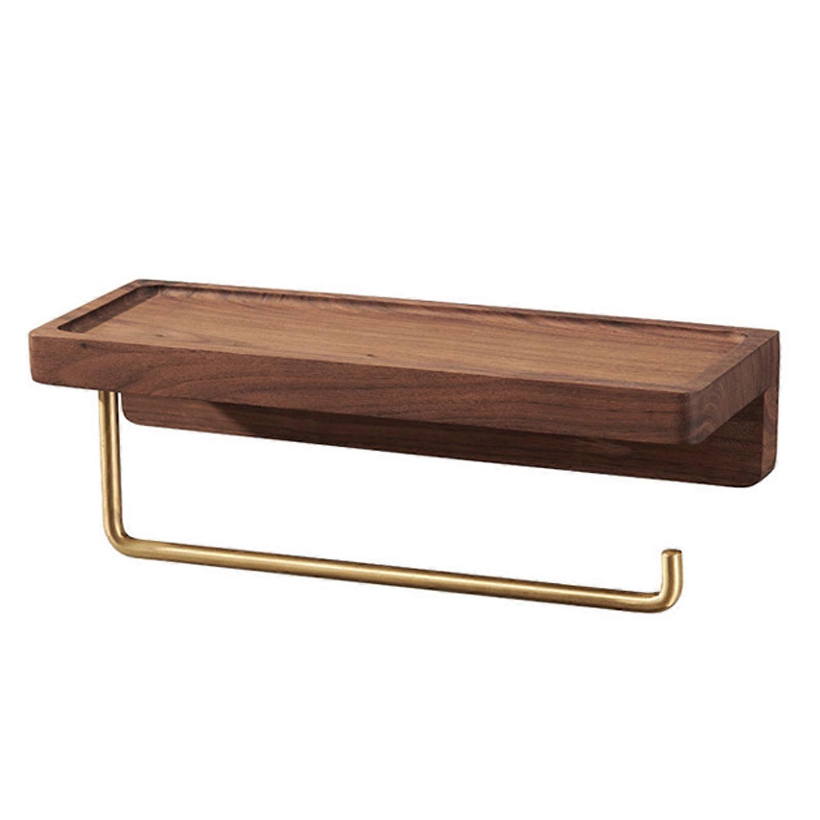 Multifunctional Toilet Paper Dispenser Wall-mount Tissue Holder with Tray for Kitchen Bathroom Modern Brass Wood