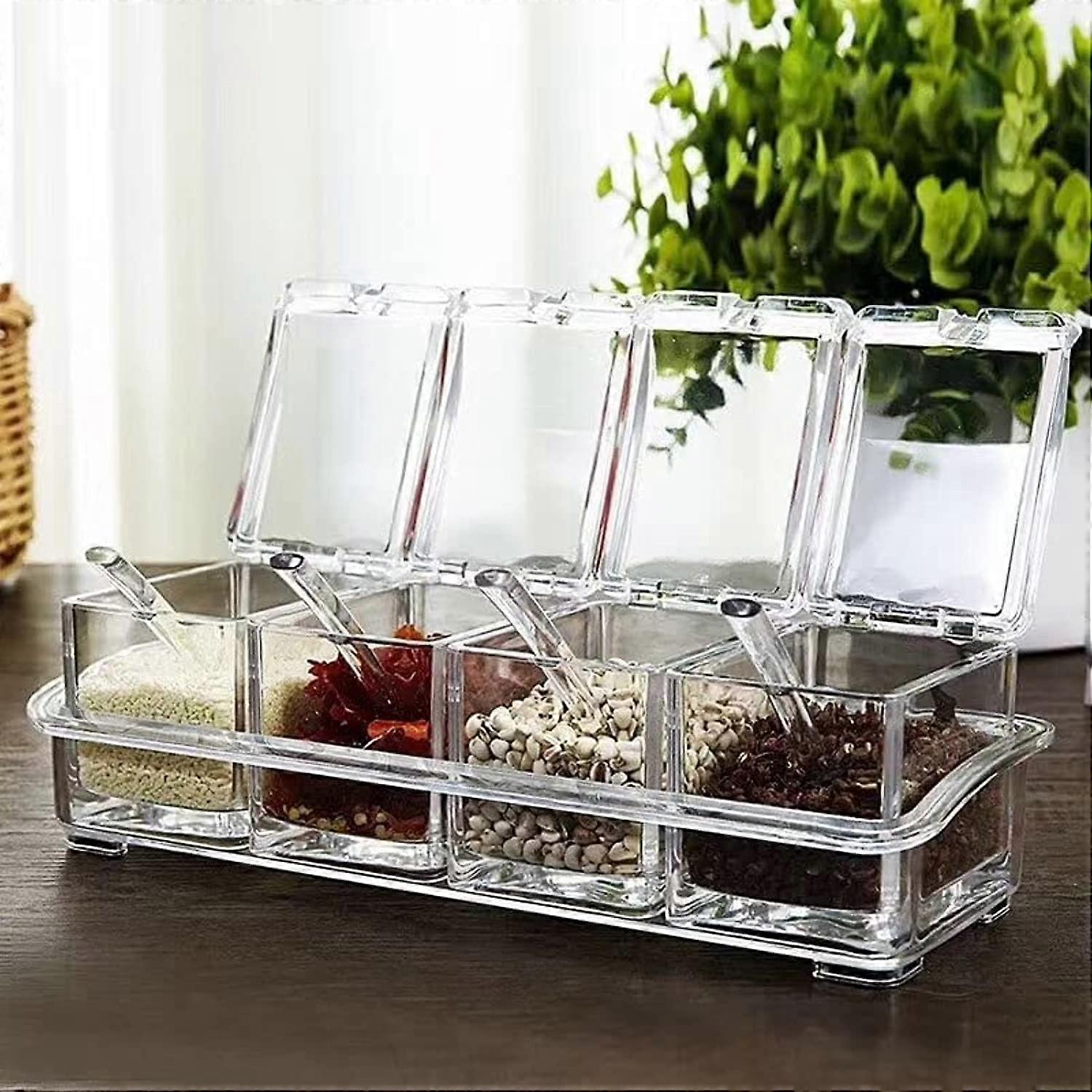 Clear Seasoning Box Set - 4 Spice Jars with Lids, 4 Spoons & Tray for Organizing Salt, Sugar, Pepper, and Spices
