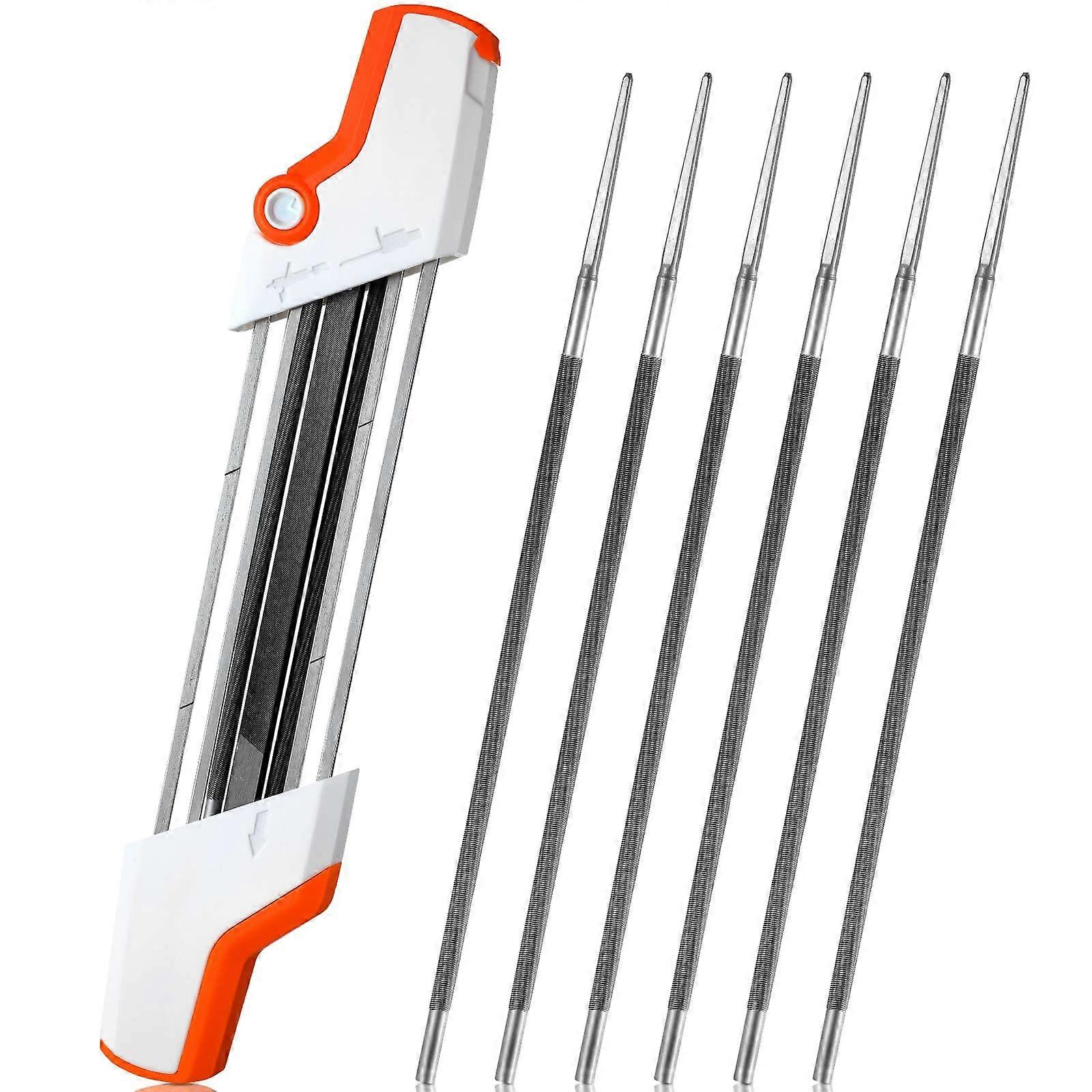 7 Pcs Chainsaw Sharpener Kit, 2 in 1 File for 3/8'' Saw Chain, Includes 6 Replacement Files, White Color