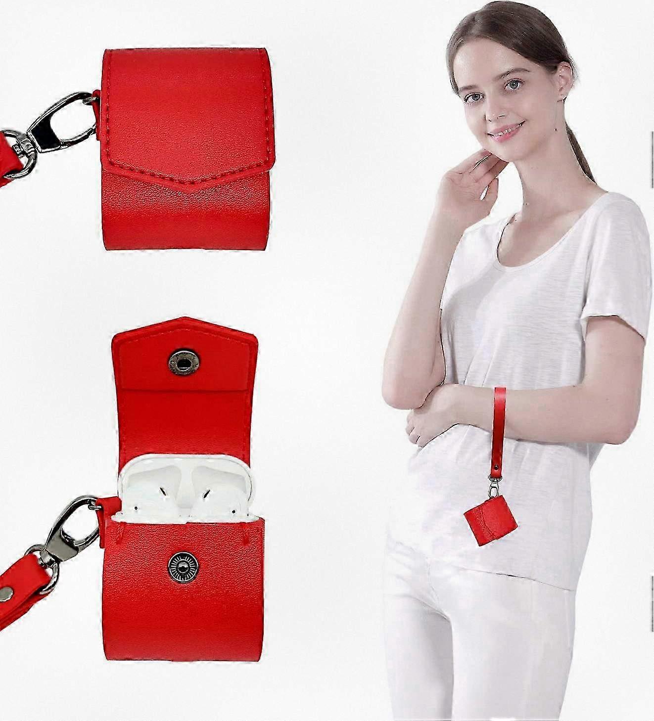Charging Case Cover for Wireless Earbuds, PU Leather Case with a Wrist Strap for Compatible Charging Cases - Red Color Design