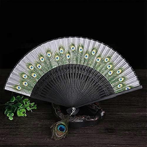 Folding Fan Chinese Handheld Bamboo Wood Silk Peacock Style 8.4 Inch Color 4 Outdoor Classical