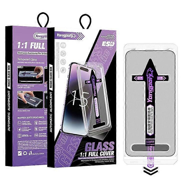 YONGPOLY Compatible For iPhone 15 Plus Tempered Glass Silk Printing Full Screen Protector with Dust-Proof Net