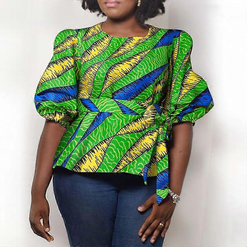 VONDA Women's Summer Large Size Round Neck Nine-Point Puff Sleeve Belt Geometric Pattern Print Loose Blouse