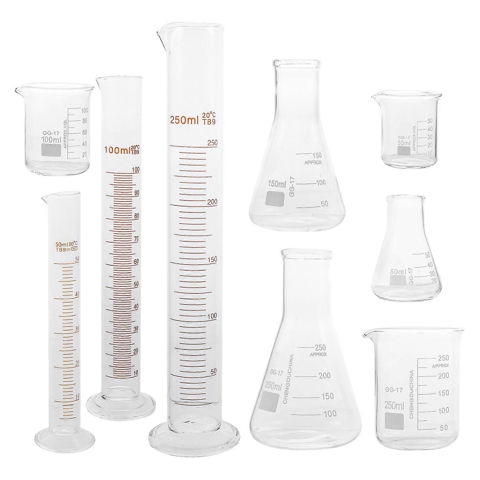 9pcs Laboratory Glassware Set with Conical Flask, Measuring Cup, and Beakers – High Chemical Resistance, Precise Scale Markings for Accurate