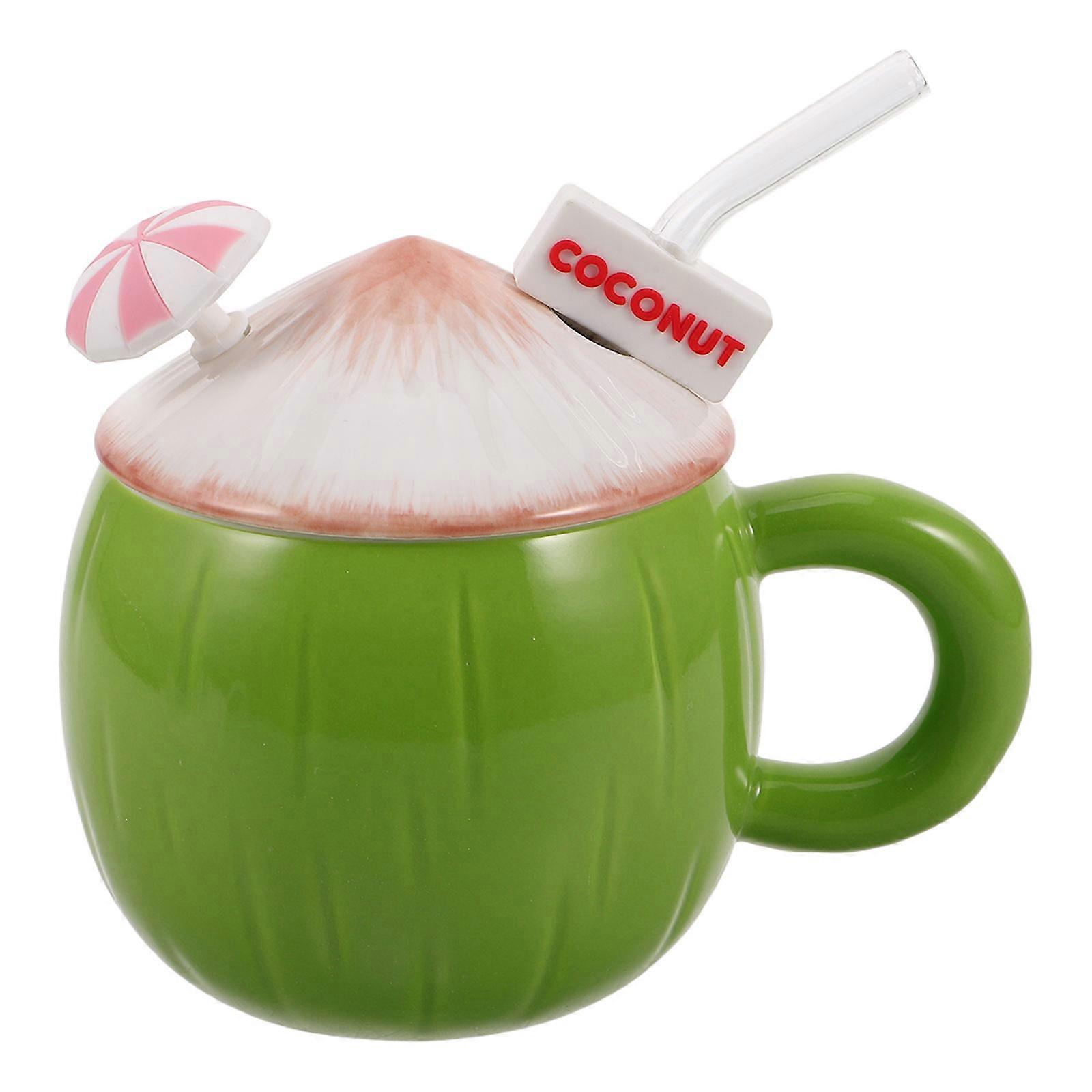 Hawaiian Cups Ceramic Mug with Lid and Straw Design for Luau Party Home Use Office Use Breakfast Time White Porcelain 1Set