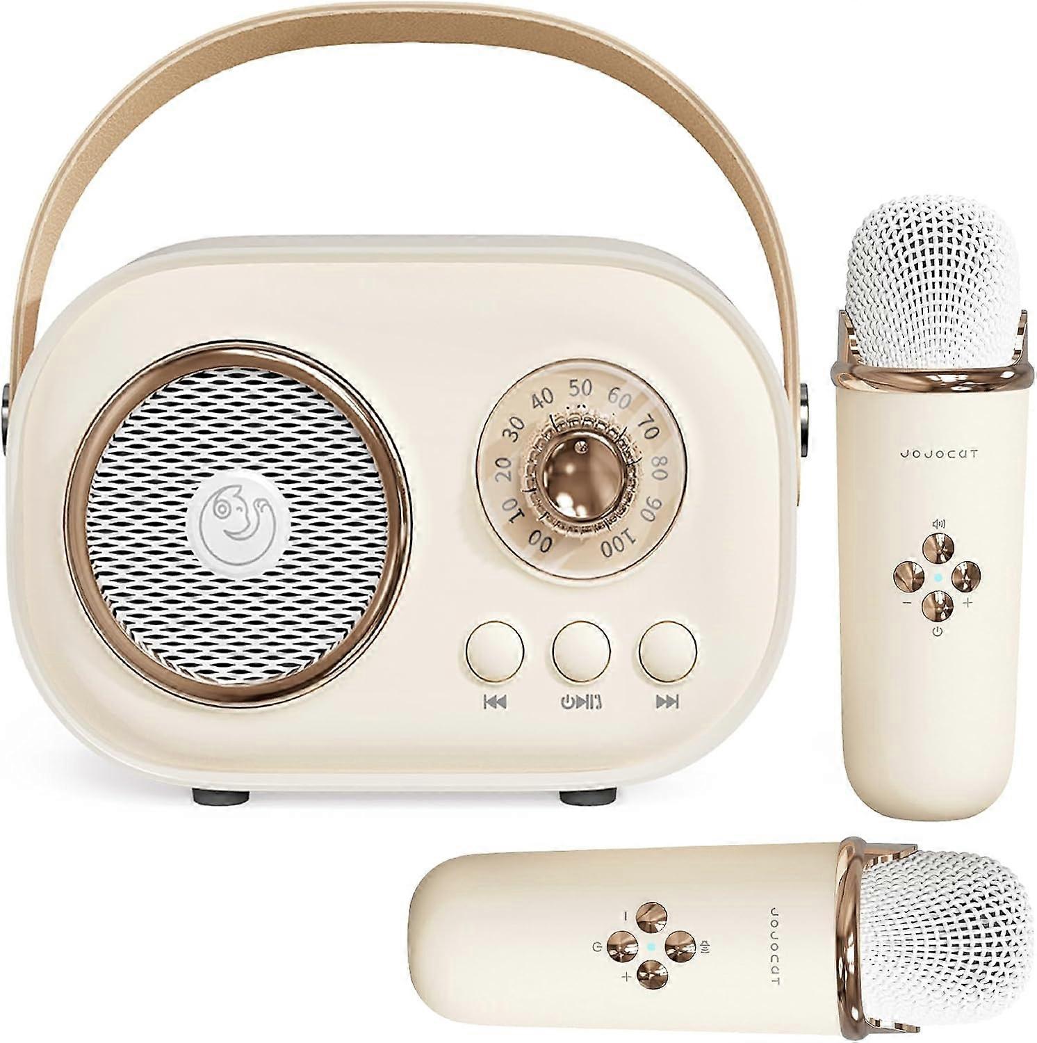 Mini machine à karaoké jaune pour enfants, haut-parleur Bluetooth portable avec 2 microphones sans fil, ensemble de haut-parleurs rétro