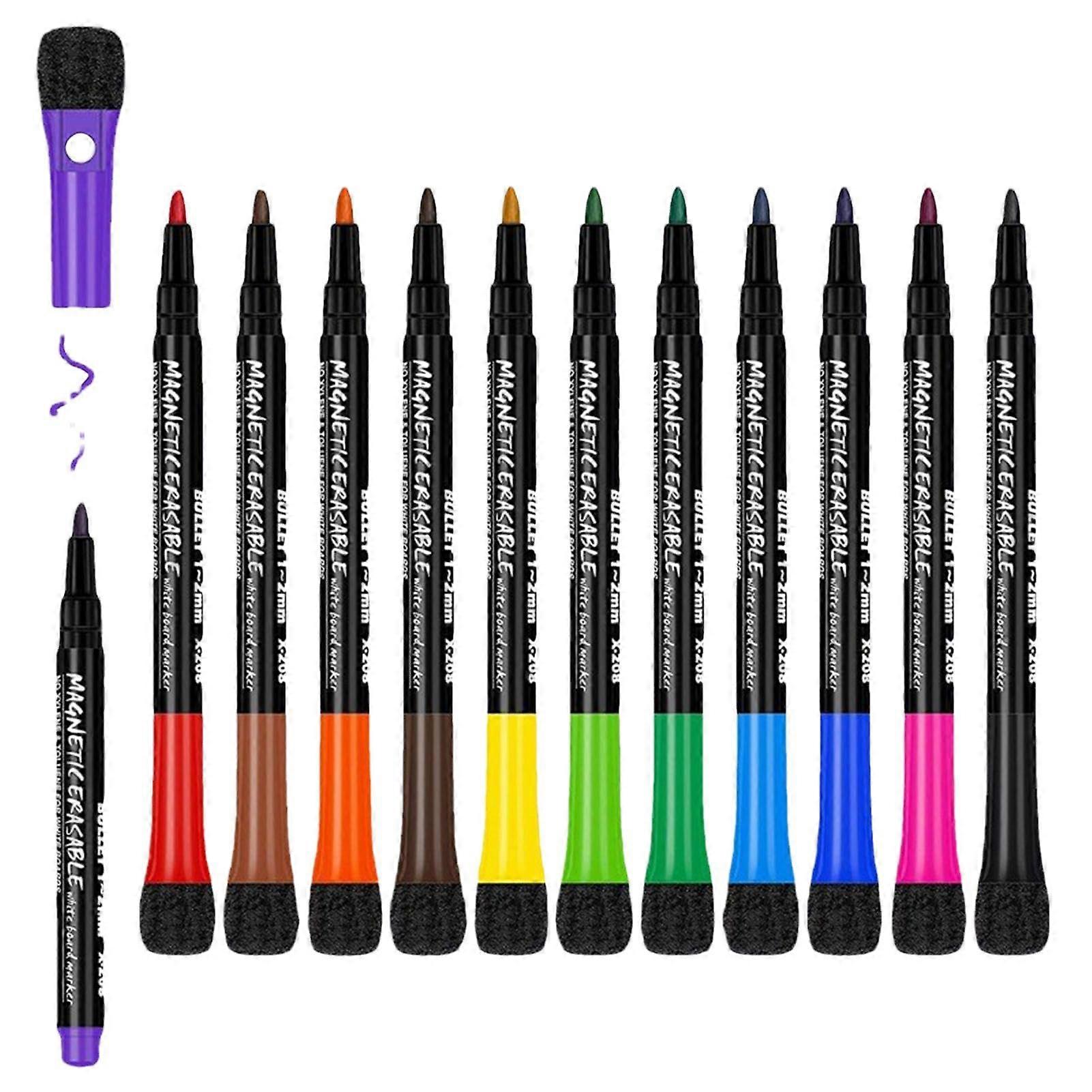 Magnetic Fine Tip Dry Erase 12 x Whiteboard Markers, Low Odor Pens