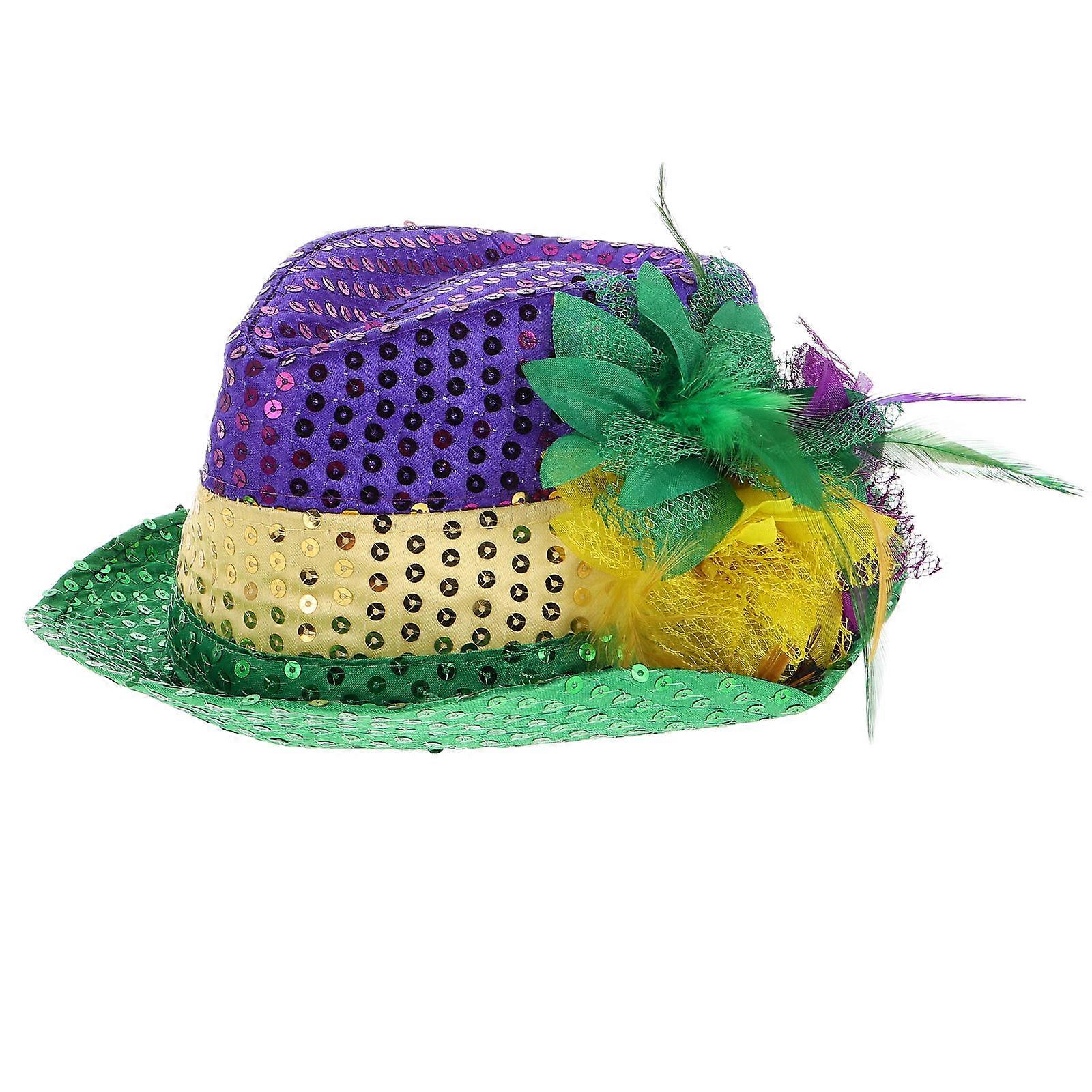 a polished and engaging product description based on your input:

 

**Tricolor Sequin Jazz Hat – Mardi Gras Carnival Fedora with Sparkling