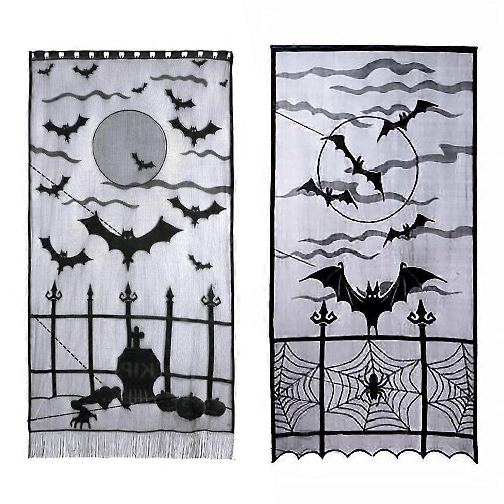 Window Curtain Halloween Decoration Rectangular Shape Classic Halloween Design Black 210x102x0.2cm Polyester 2Pack