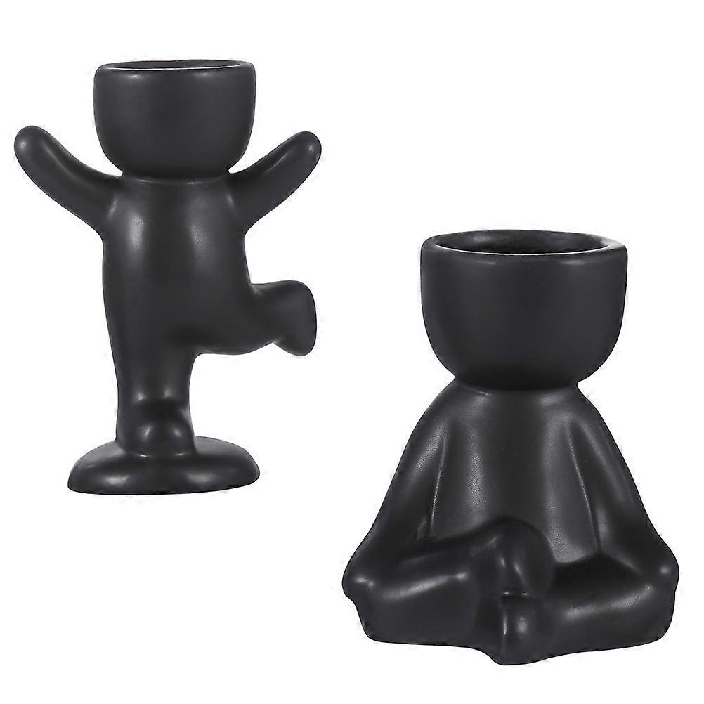 2pcs Black Ceramic Human Shape Planter for Small Cactus or Decorations Ideal for Home Office