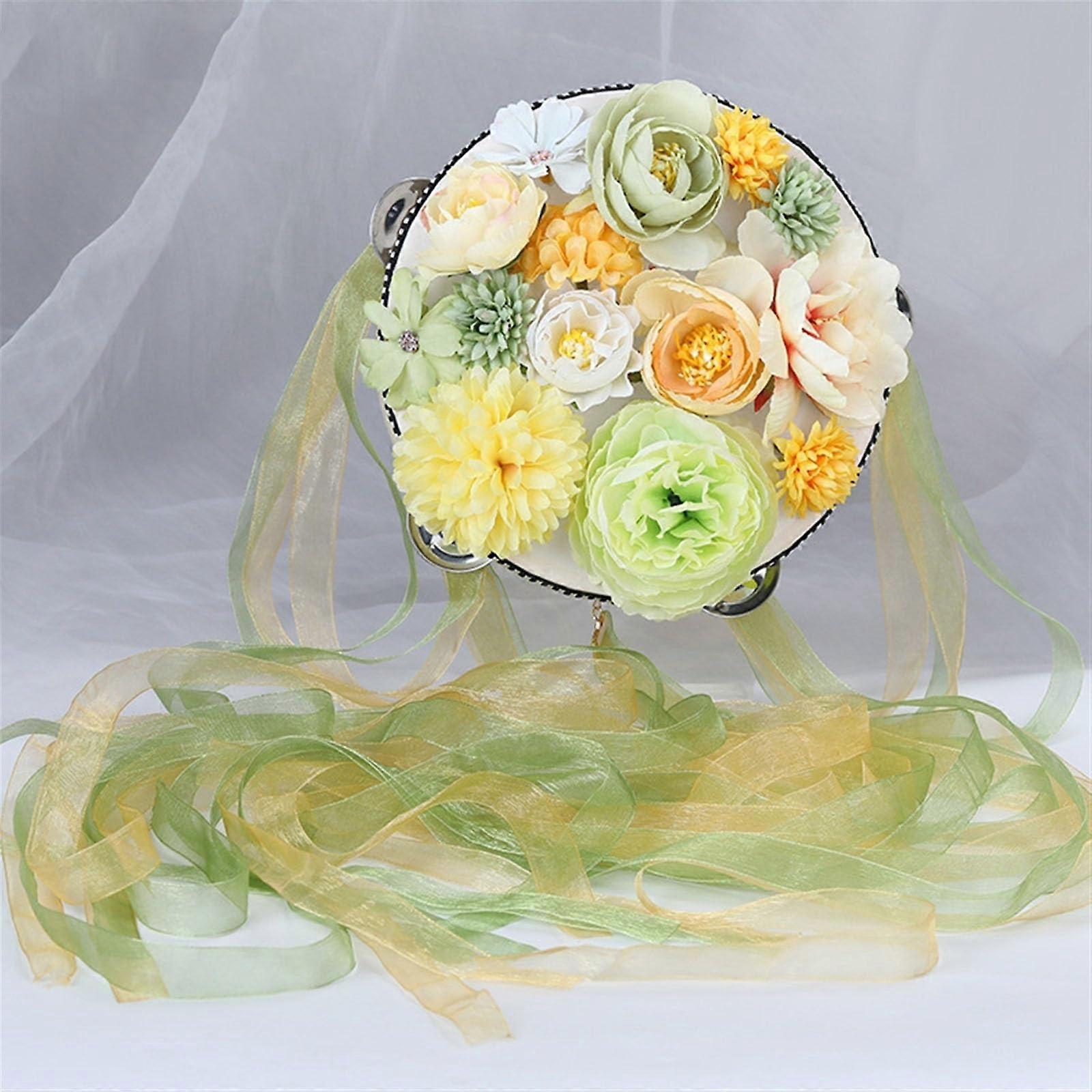 3D Tambourine Instrument in Ancient Style, 3D Flower HandCranked Tambourine with Streamers (Color: A)