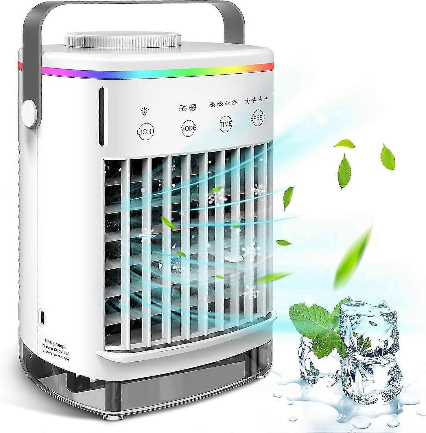Mobile Air Conditioner 4 in 1 USB Air Cooler Humidifier Fan with 7 Night Light Colors - 4 Fan Levels Evaporative Cooler, White