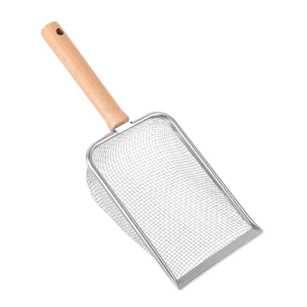 Woodenhandled cat litter scoop and reusable sand scoop for cats and reptiles, for cleaning cat litter and animal waste.