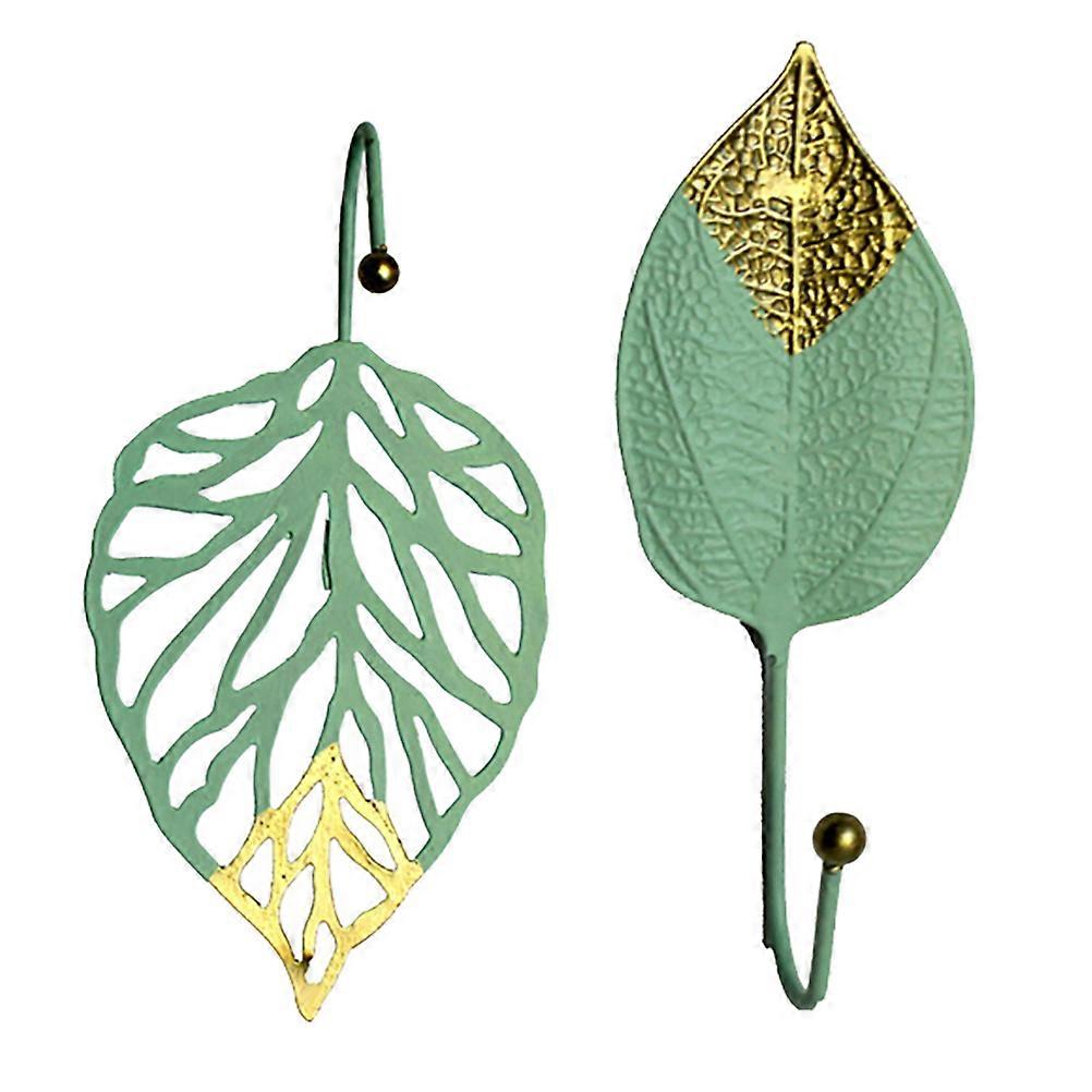 Green Leaf Shaped Wall Hooks for Home Iron Material 2 Pieces