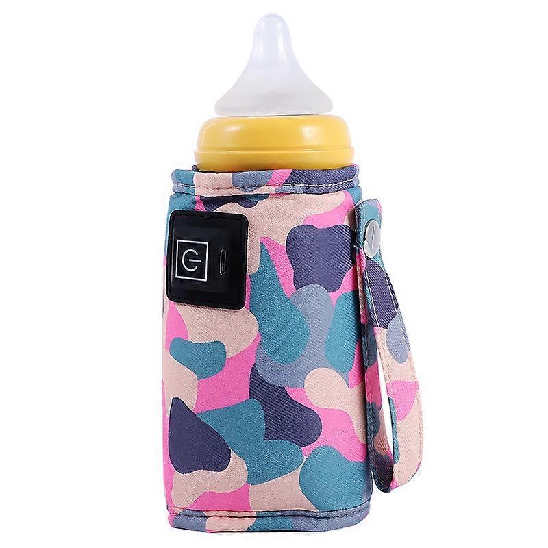 USB Baby Bottle Warmer Three Level Temperature Adjustment Hook and Loop Design Portable Milk Bottle Heater Camouflage Pink