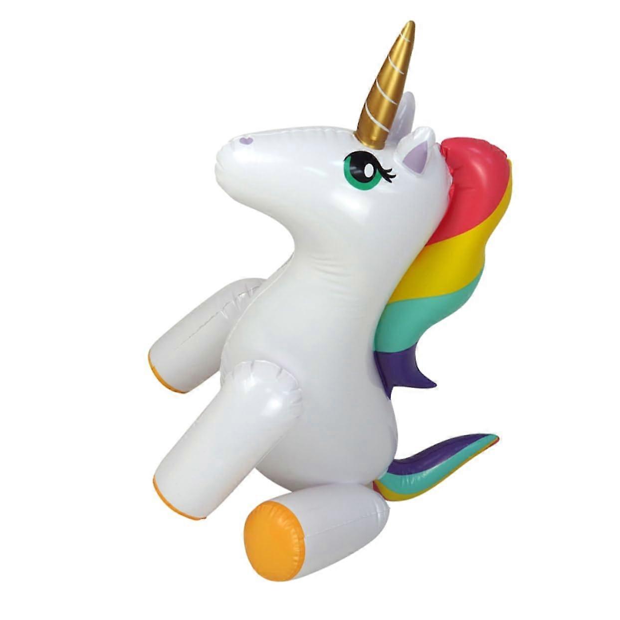 Inflatable unicorn water sprinkler for summer fun outdoor use in garden and lawn, easy to operate, decorative and reusable.